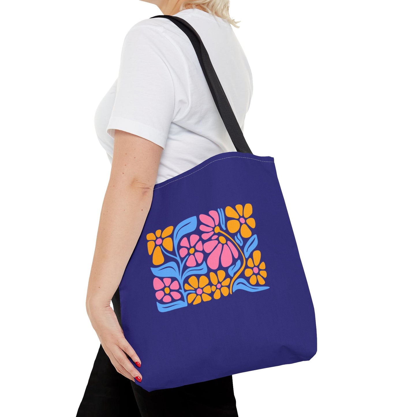 Floral Pop Tote Bag — Bright Retro Flower Pattern on Purple