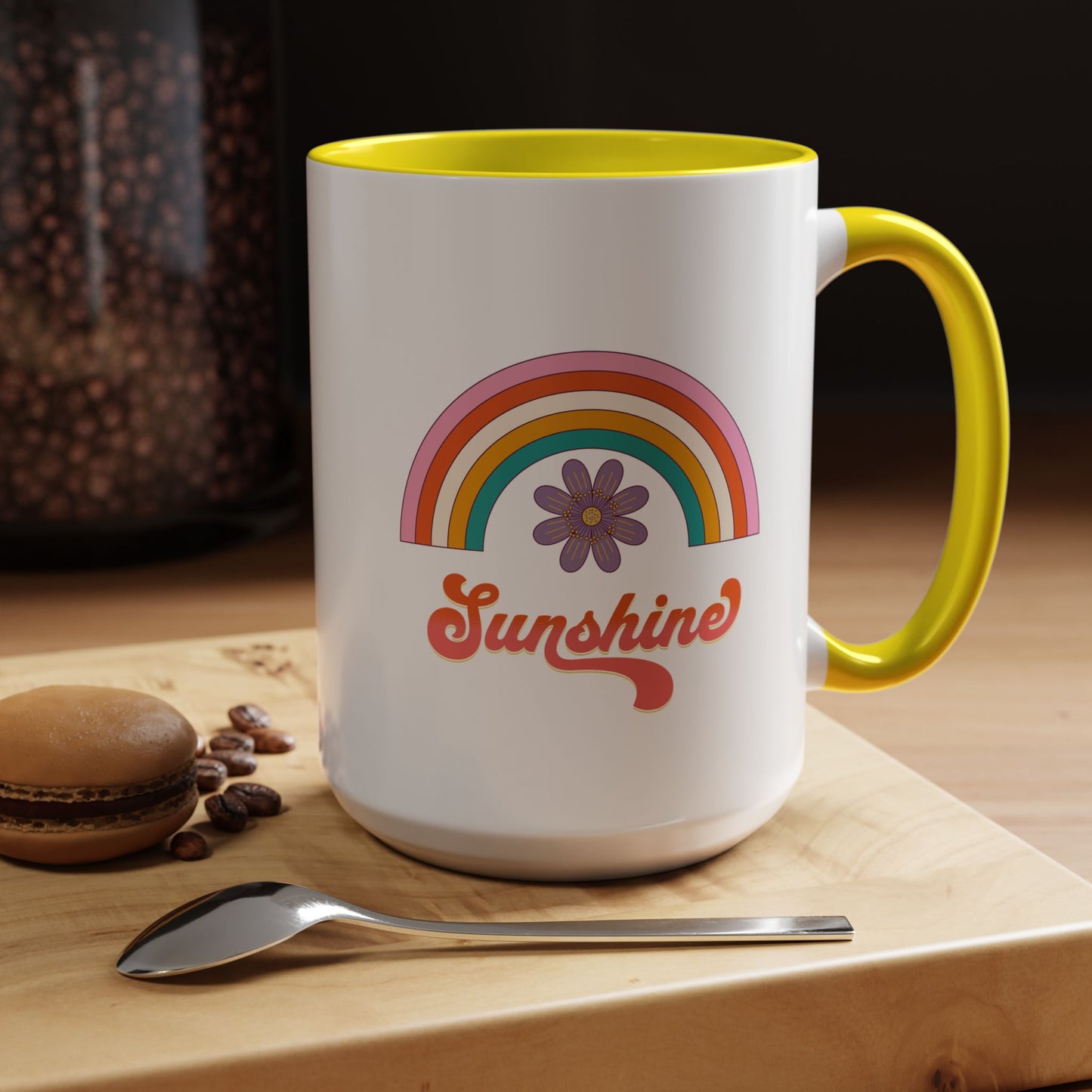 Sunshine Rainbow Accent Coffee Mug — Retro Flower 70s Vibe