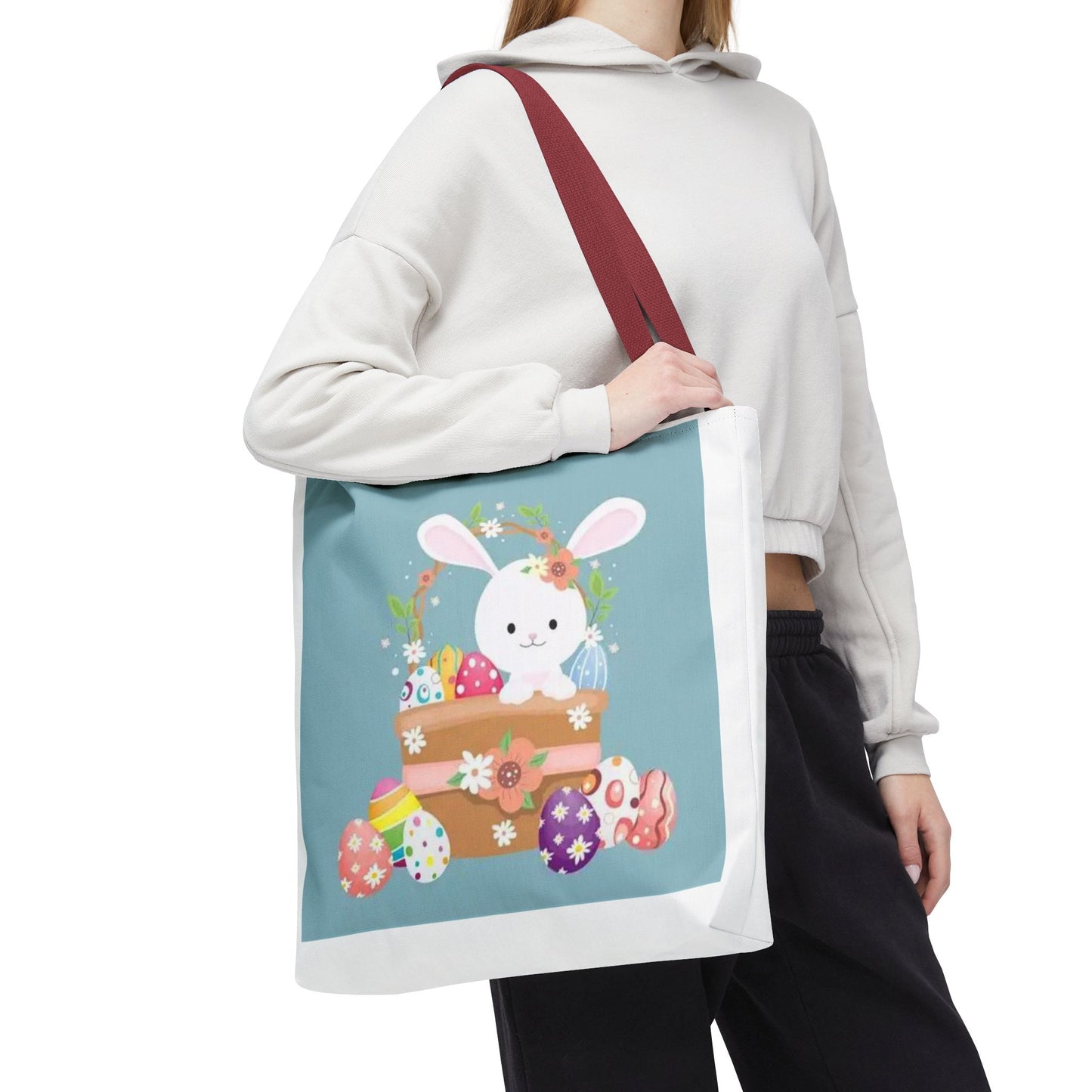 Easter Bunny Tote Bag — Cute Floral Bunny with Painted Eggs All-Over Print