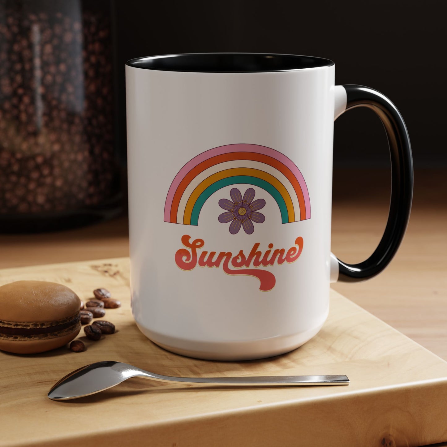 Sunshine Rainbow Accent Coffee Mug — Retro Flower 70s Vibe