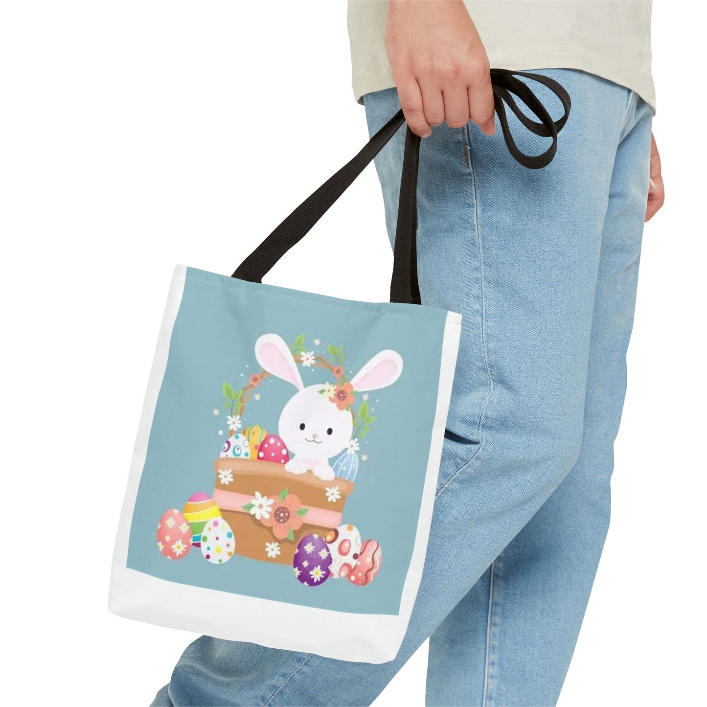 Easter Bunny Tote Bag — Cute Floral Bunny with Painted Eggs All-Over Print