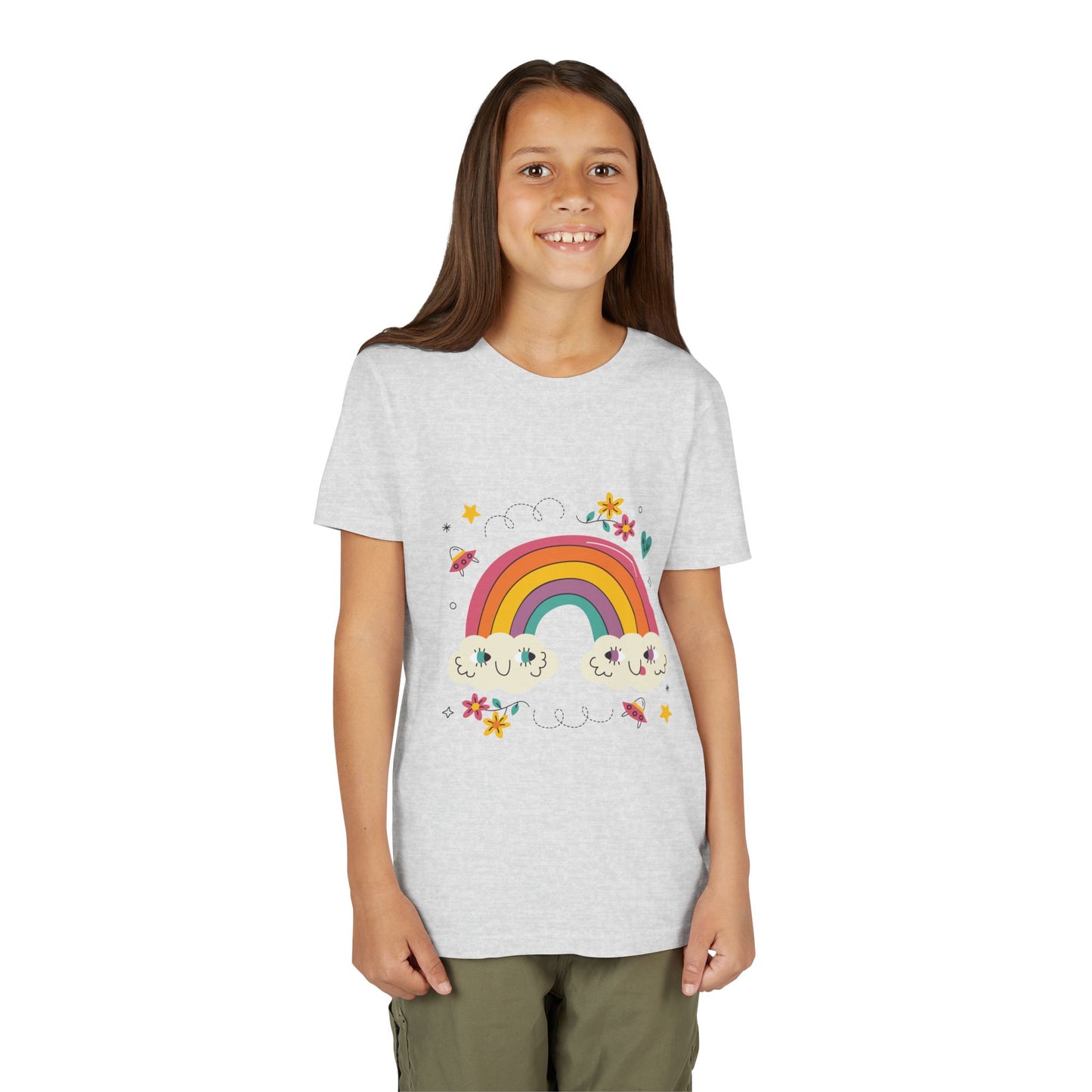 Youth Rainbow Tee — Cute Smiling Clouds & Rainbow Kids Shirt