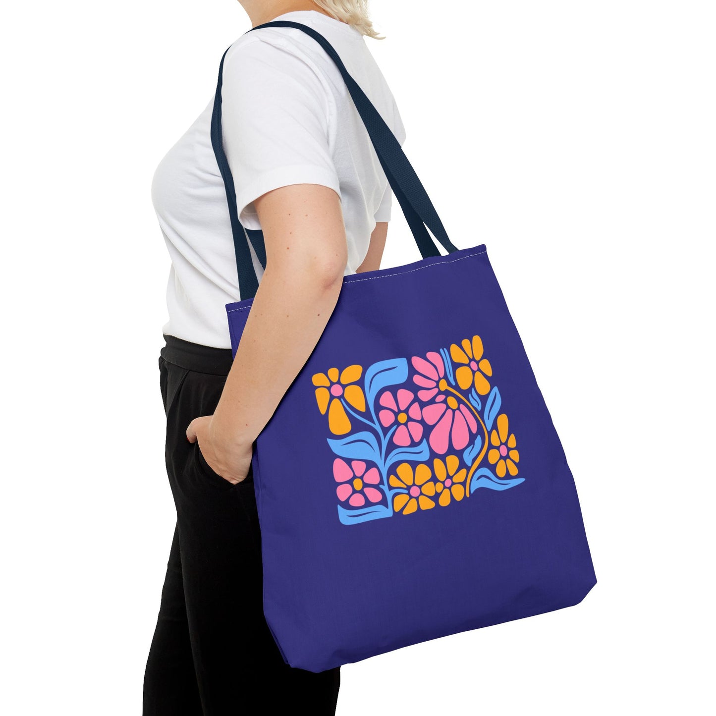 Floral Pop Tote Bag — Bright Retro Flower Pattern on Purple