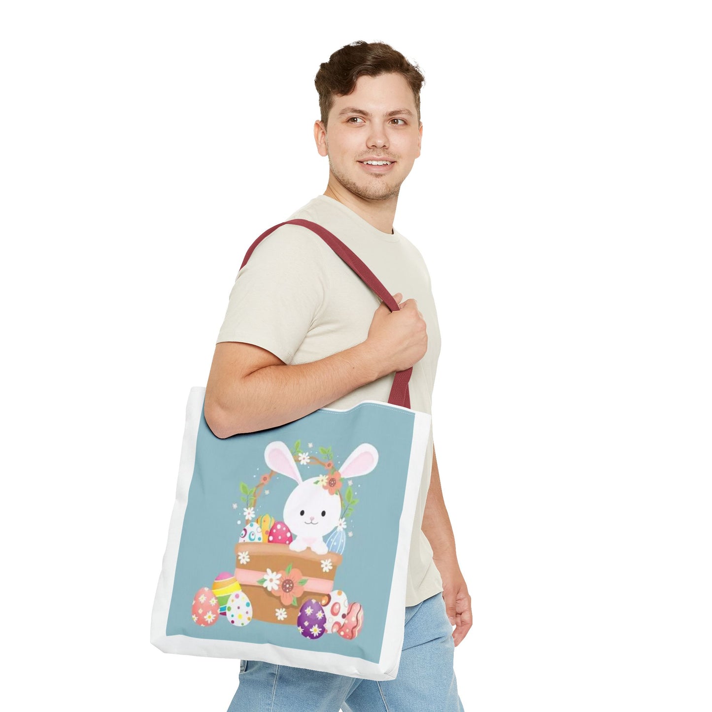 Easter Bunny Tote Bag — Cute Floral Bunny with Painted Eggs All-Over Print