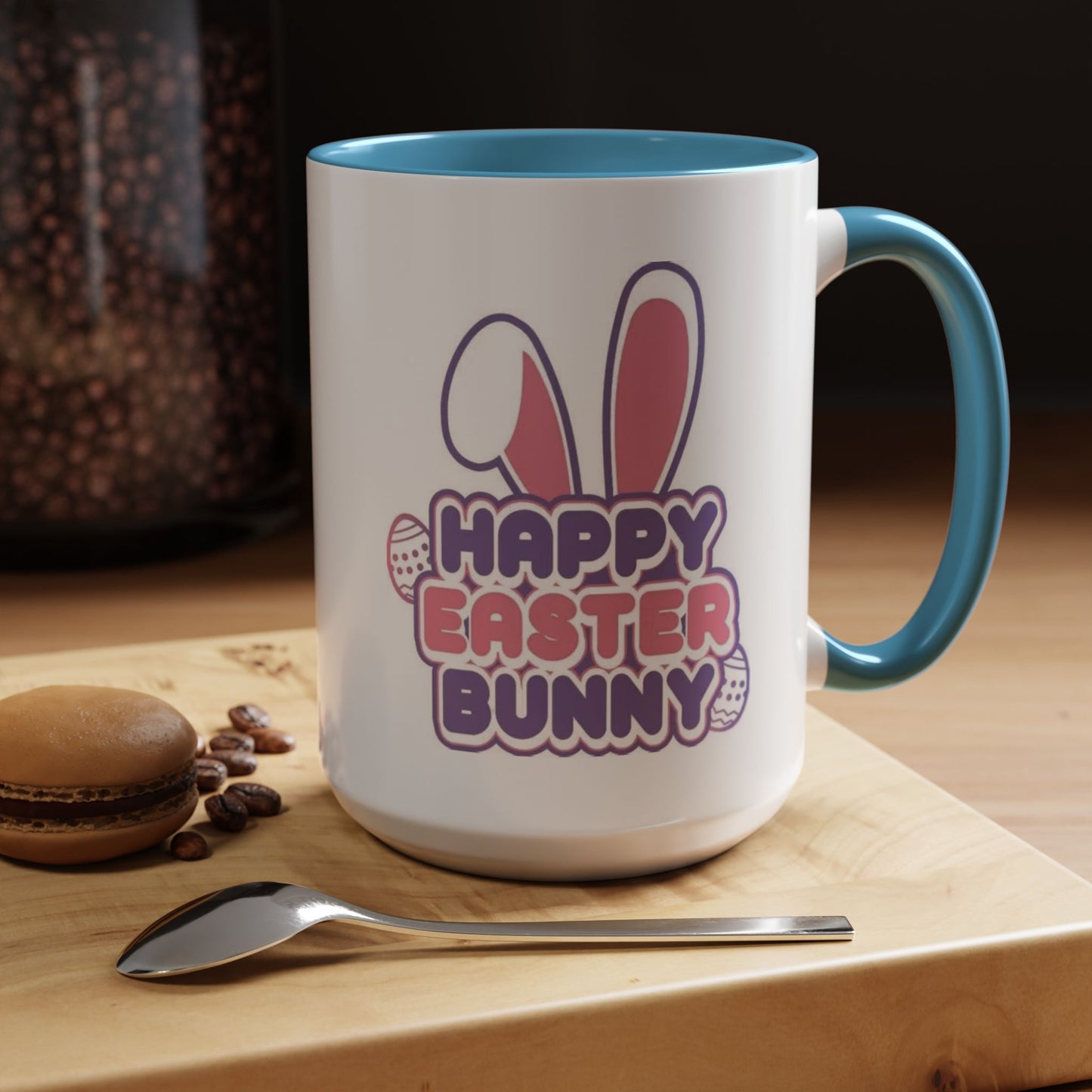 Happy Easter Bunny Accent Coffee Mug — Pink Interior 11/15oz, Cute Holiday Gift
