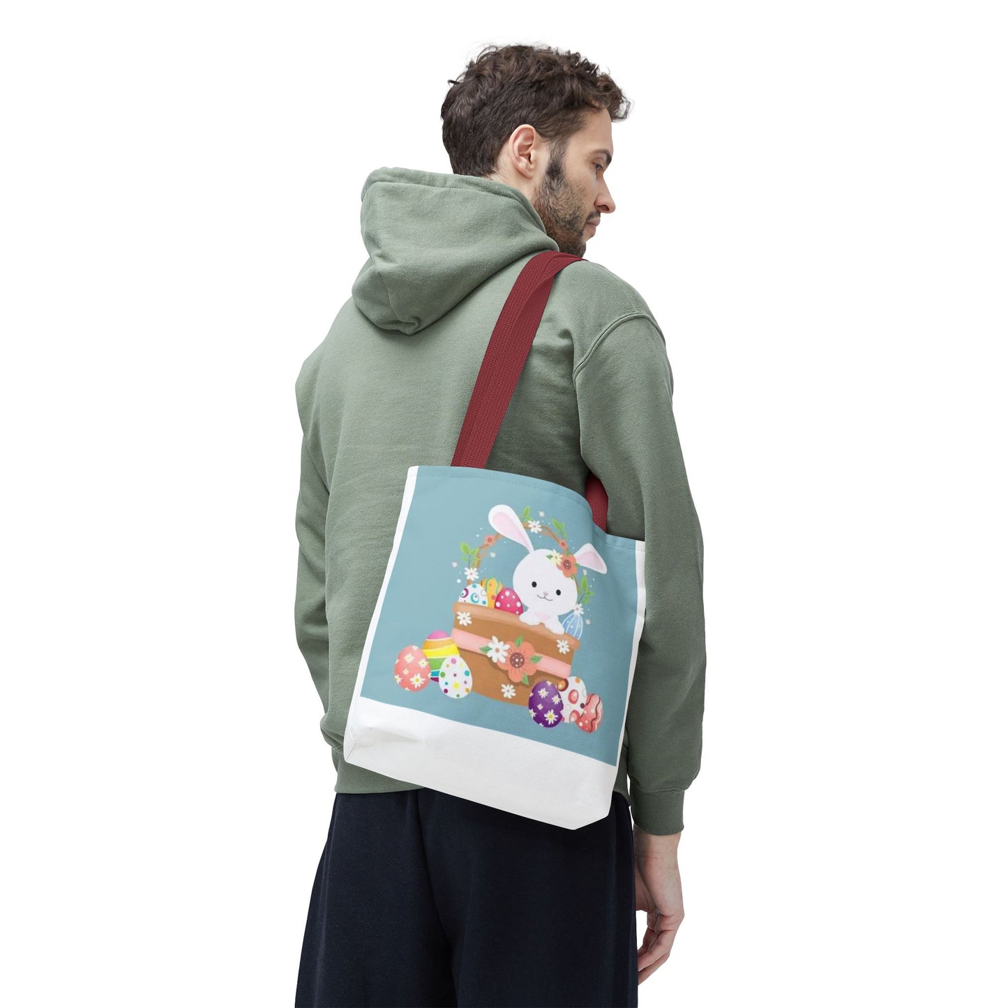 Easter Bunny Tote Bag — Cute Floral Bunny with Painted Eggs All-Over Print