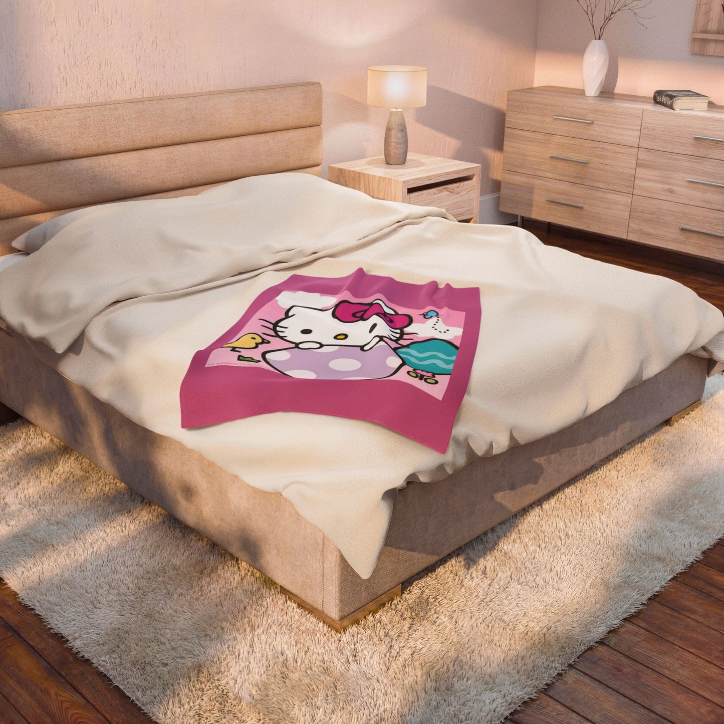 Hello Kitty Easter Velveteen Plush Blanket – Cute Pink Bunny & Egg Holiday Throw