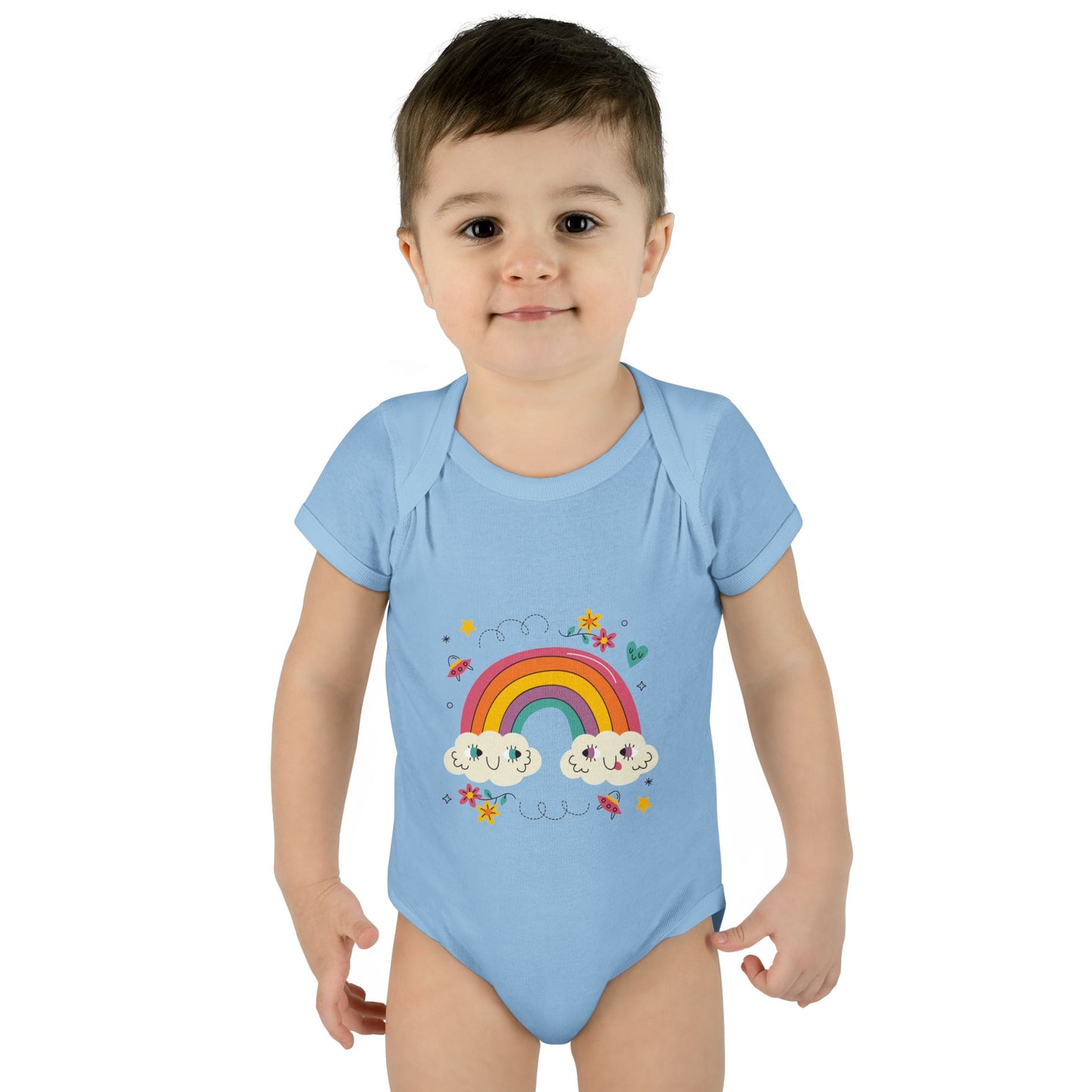 Baby Bodysuit — Cute Rainbow with Smiling Clouds Infant Onesie