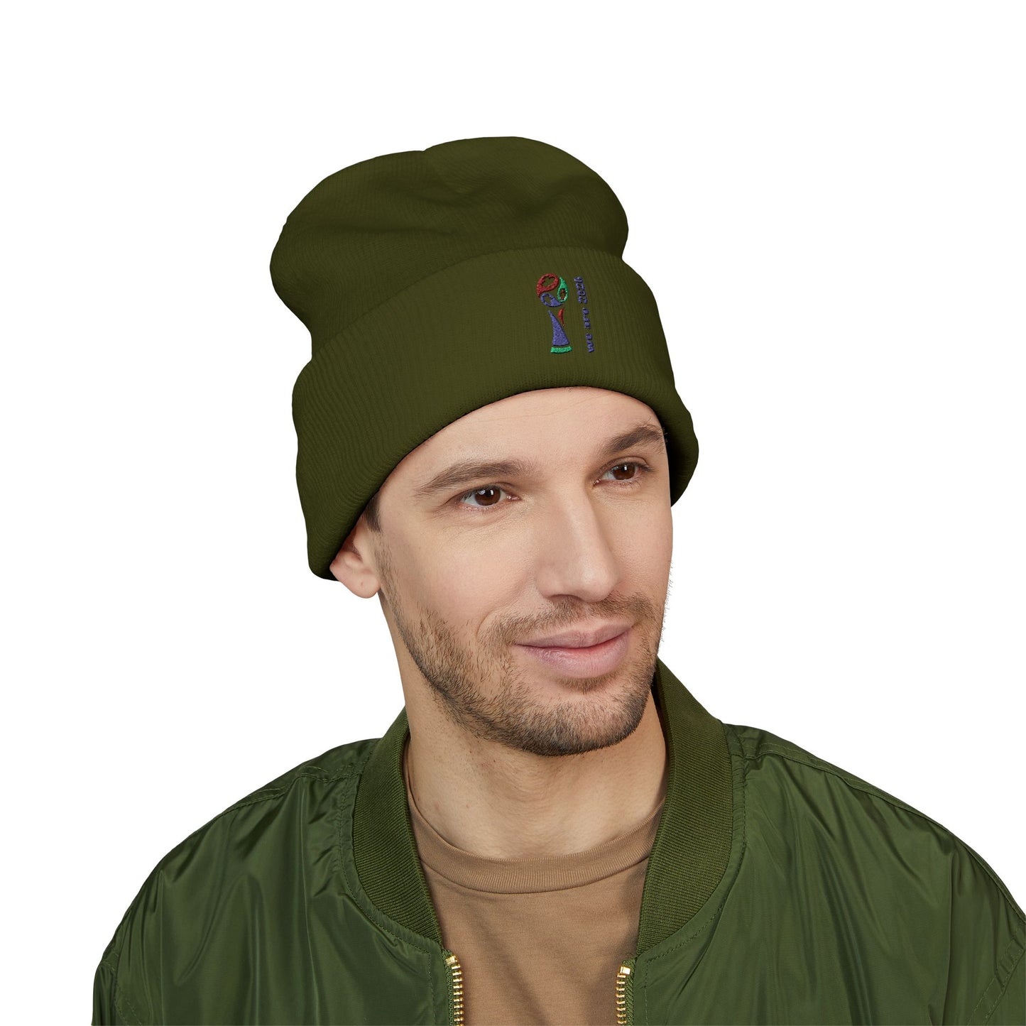 Embroidered 2026 World Cup Trophy Beanie — Soccer Fan Cuffed Knit Hat