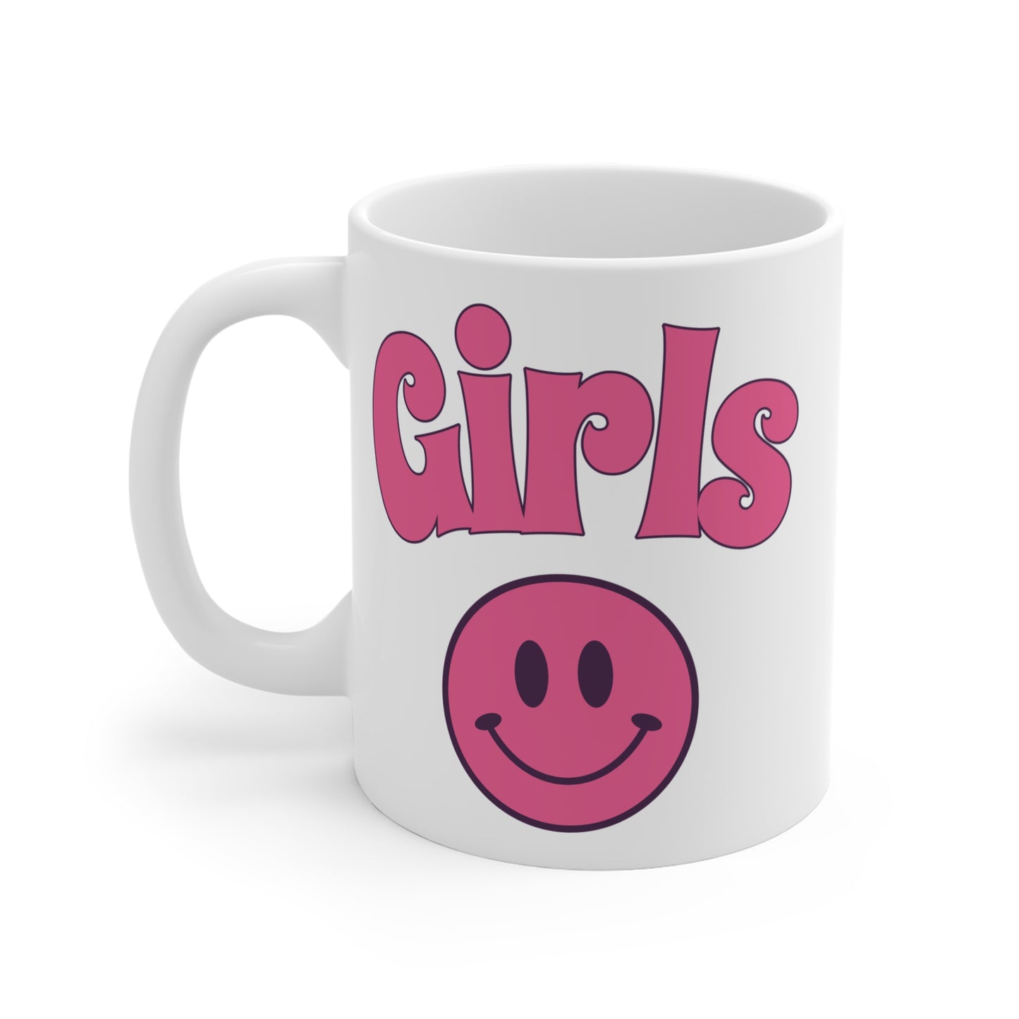 Girls Smiley Face Coffee Mug — Retro Pink Happy Face 11oz