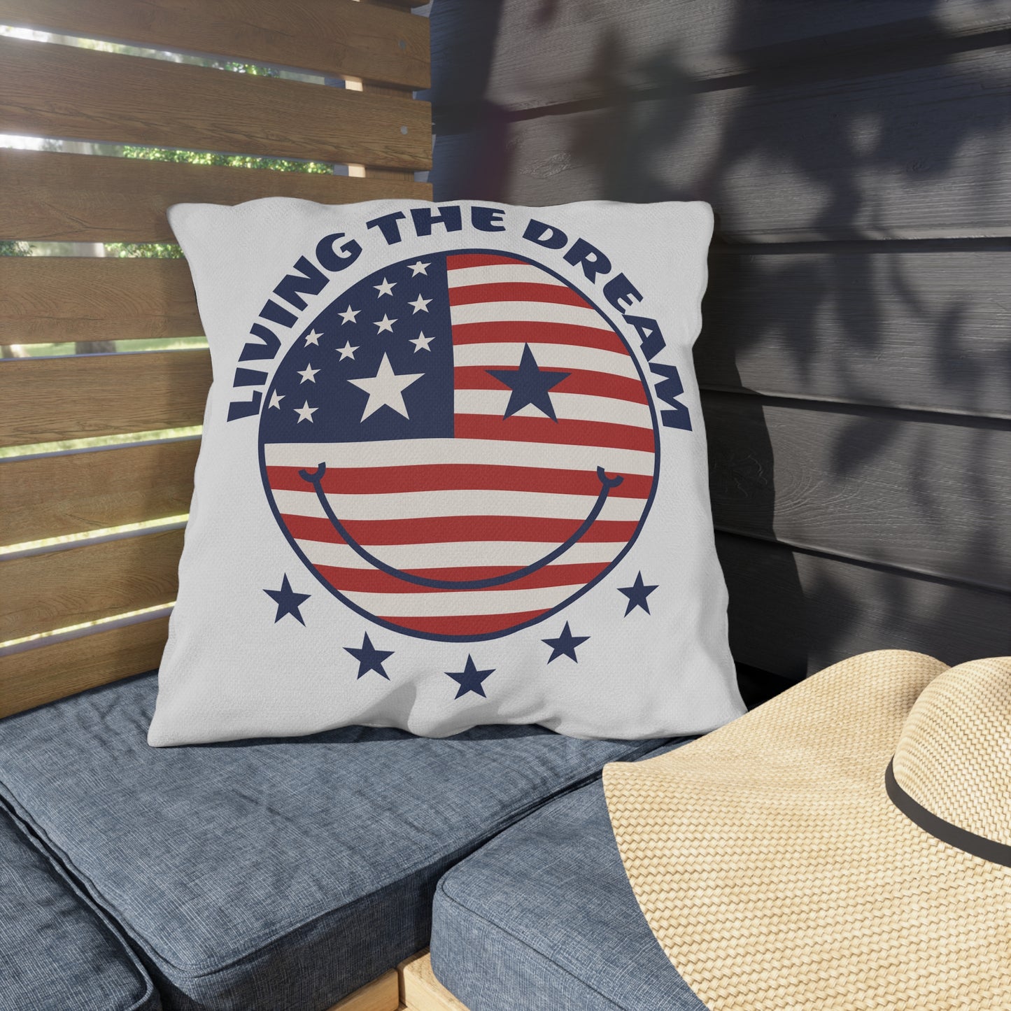Living The Dream American Flag Smiley Outdoor Pillow