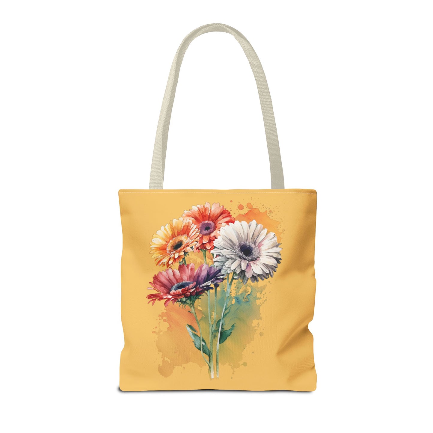 Floral Watercolor Tote Bag — Colorful Gerbera Bouquet on Mustard Background