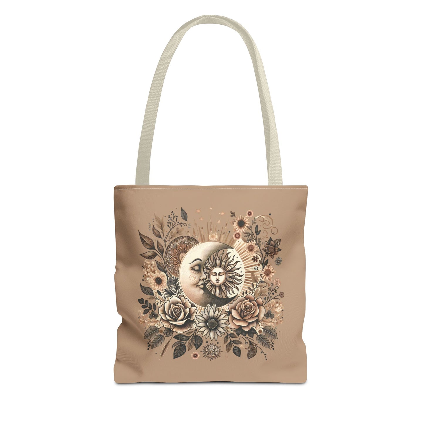 Celestial Sun & Moon Floral Tote Bag — Boho Vintage Astrology Beach Bag