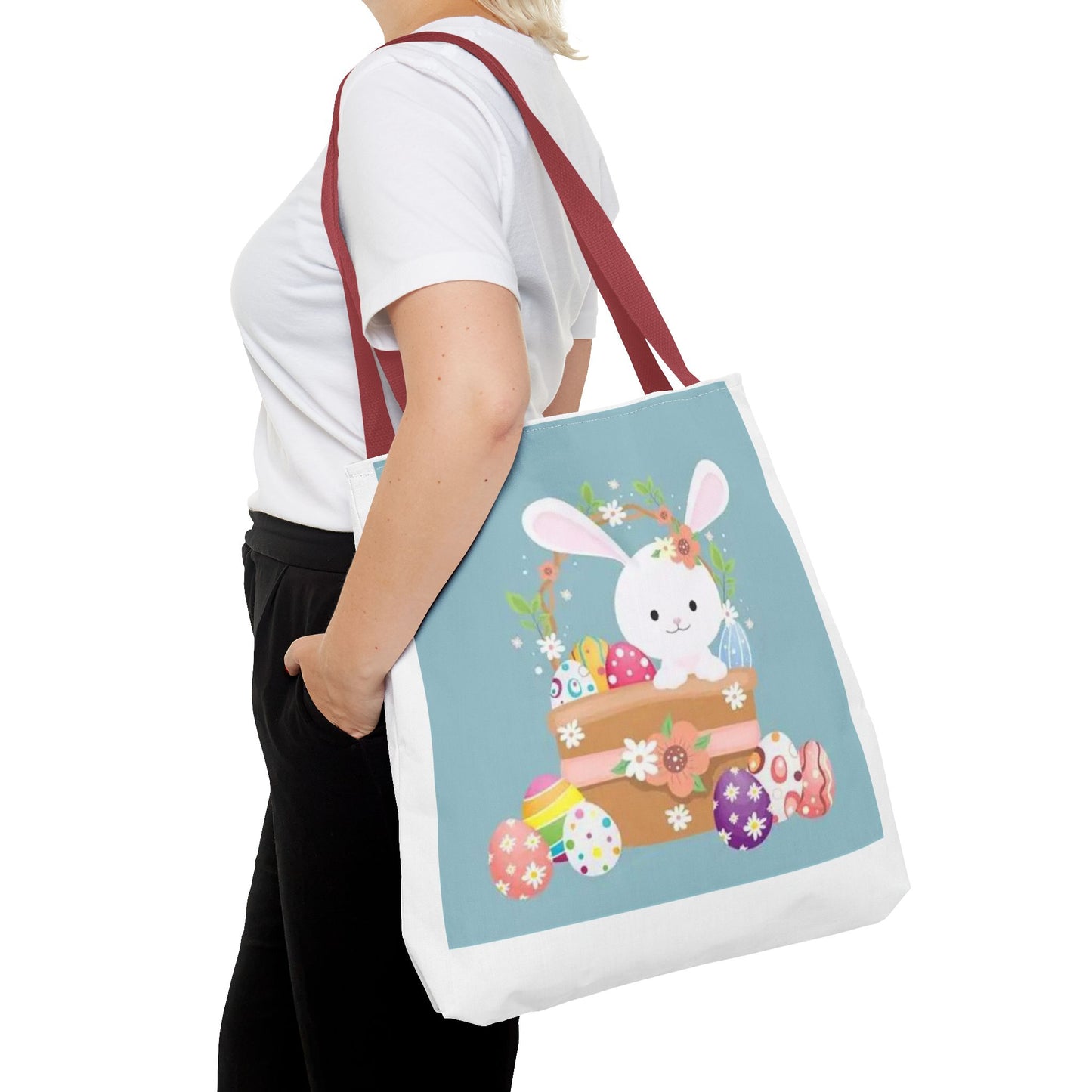 Easter Bunny Tote Bag — Cute Floral Bunny with Painted Eggs All-Over Print