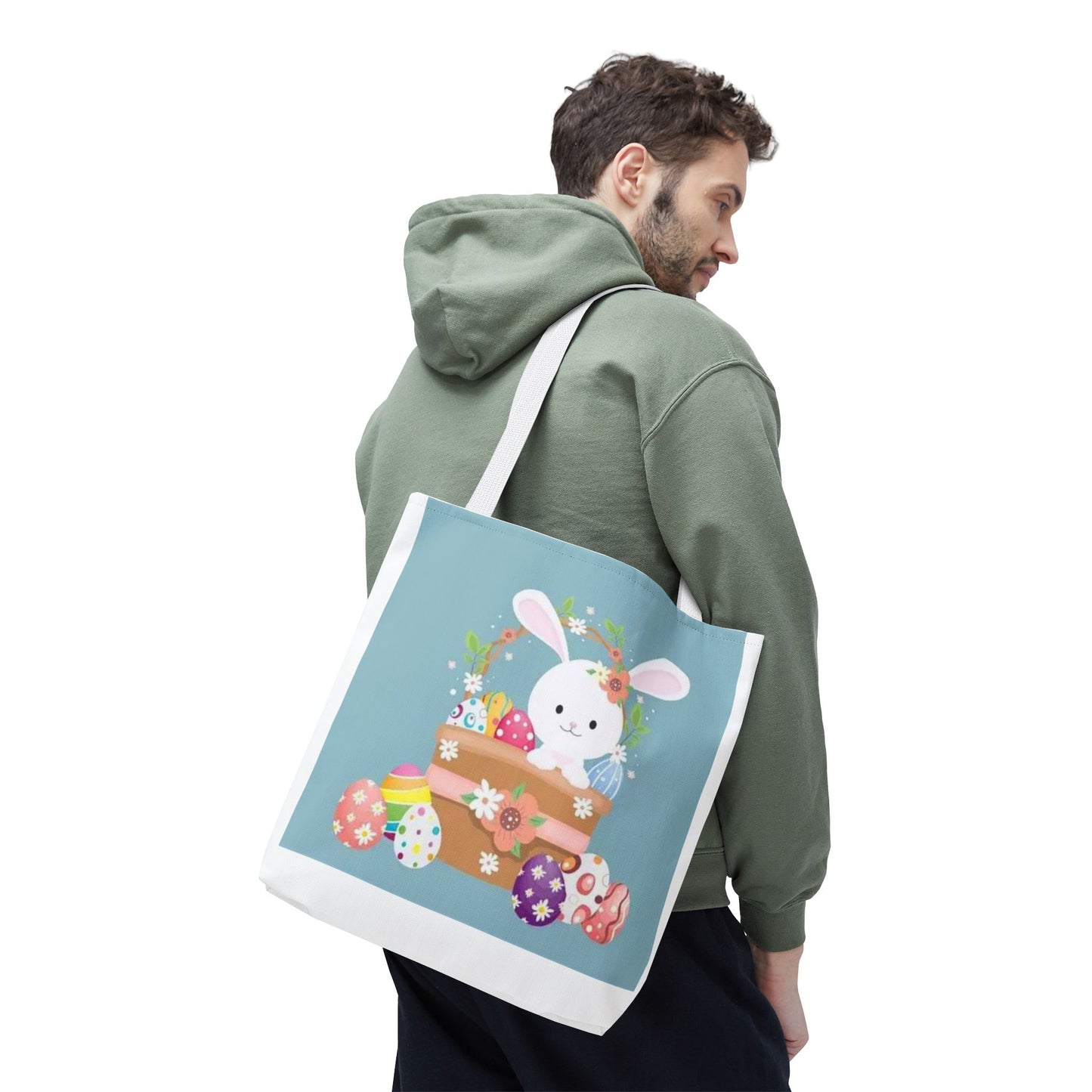 Easter Bunny Tote Bag — Cute Floral Bunny with Painted Eggs All-Over Print