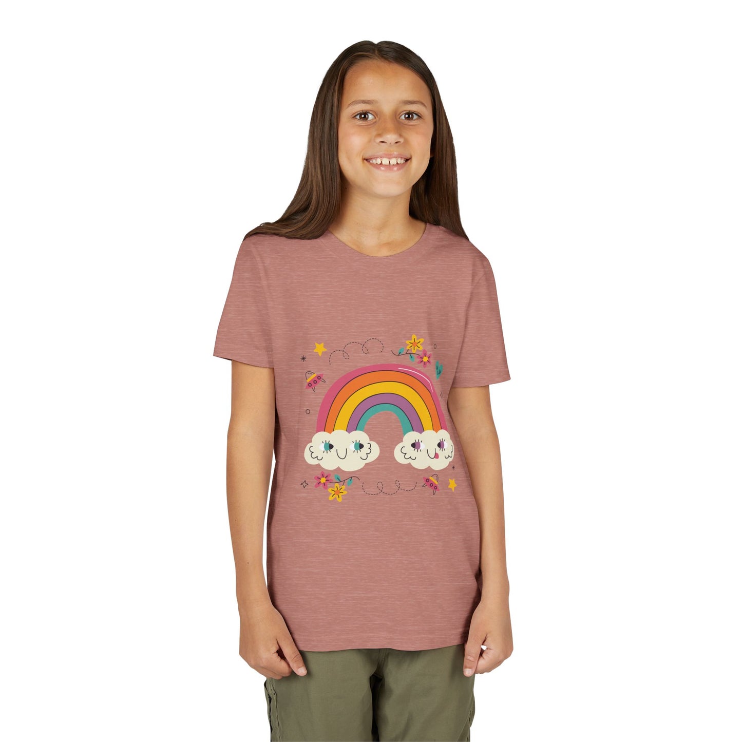 Youth Rainbow Tee — Cute Smiling Clouds & Rainbow Kids Shirt