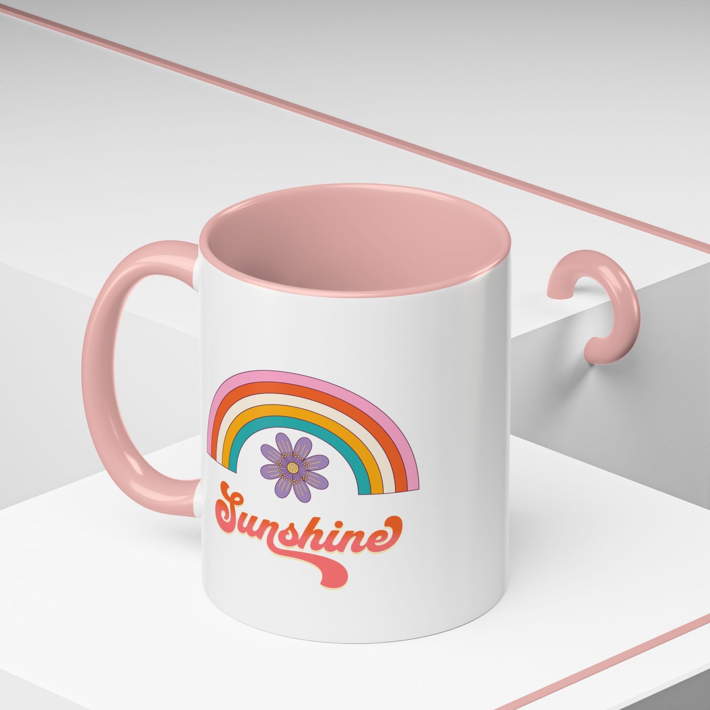 Sunshine Rainbow Accent Coffee Mug — Retro Flower 70s Vibe