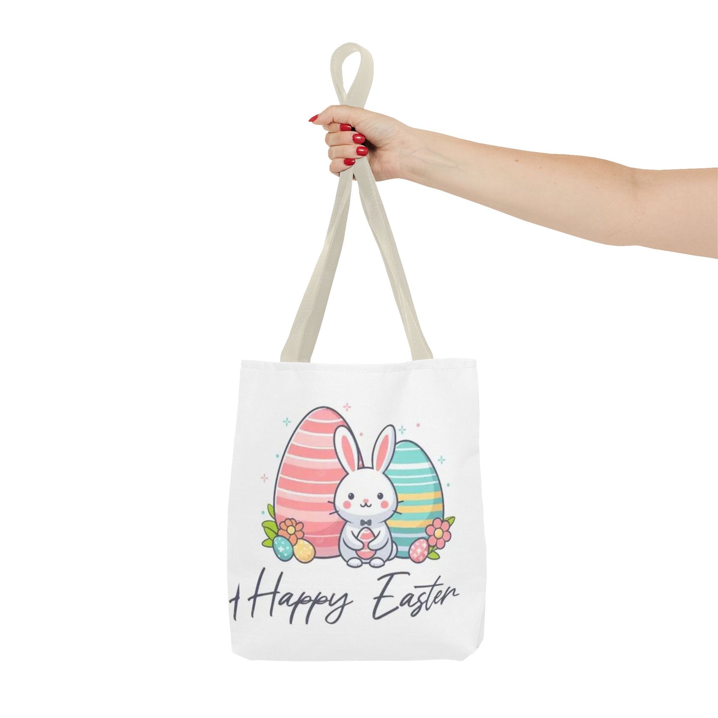 Easter Bunny Tote Bag — Cute "Happy Easter" Bunny with Colorful Eggs