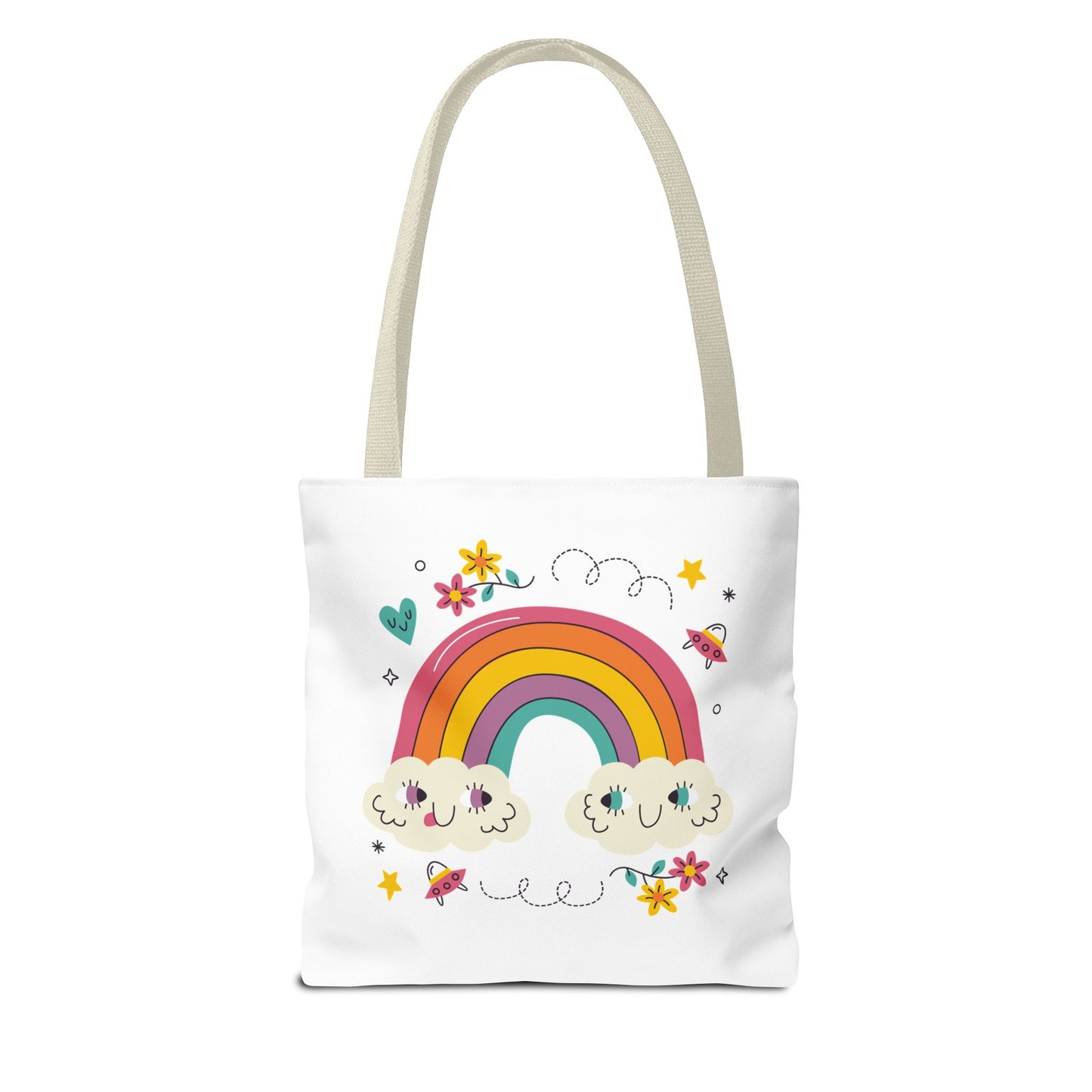 Cute Rainbow Tote Bag — Kawaii Smiling Clouds, Floral & Heart Print