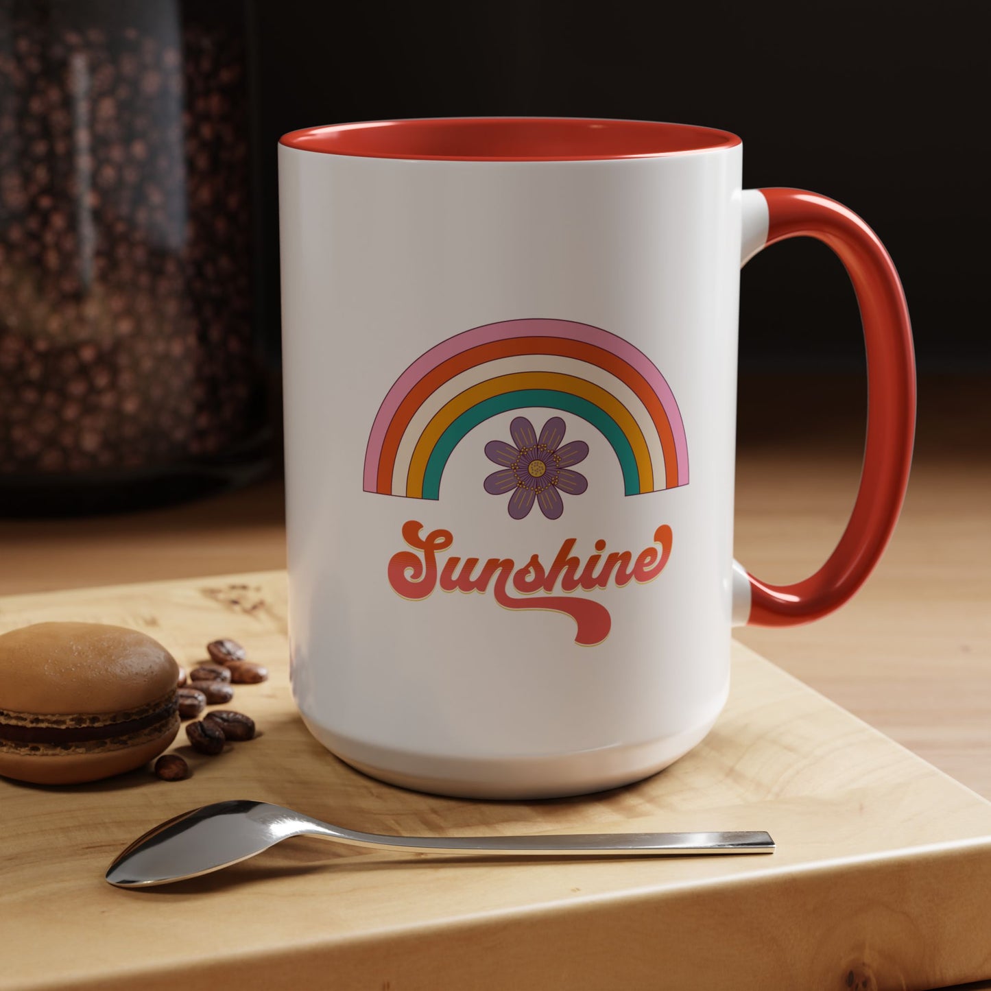 Sunshine Rainbow Accent Coffee Mug — Retro Flower 70s Vibe