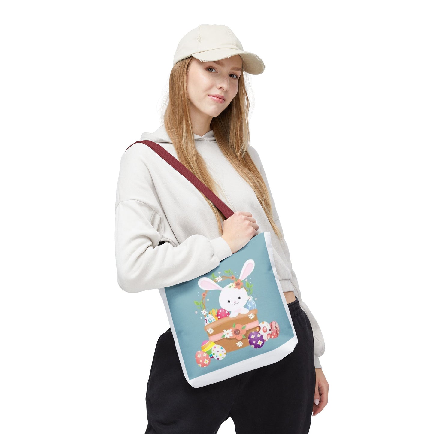 Easter Bunny Tote Bag — Cute Floral Bunny with Painted Eggs All-Over Print