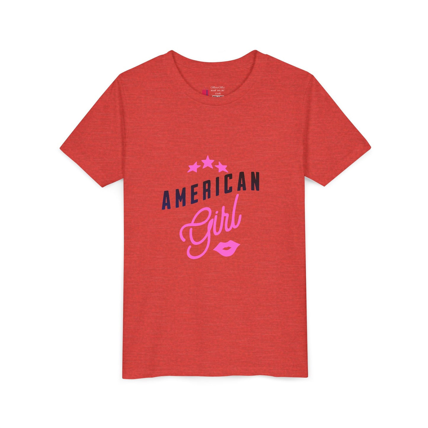 American Girl Youth Tee — Pink Script Stars Patriotic Kids Shirt