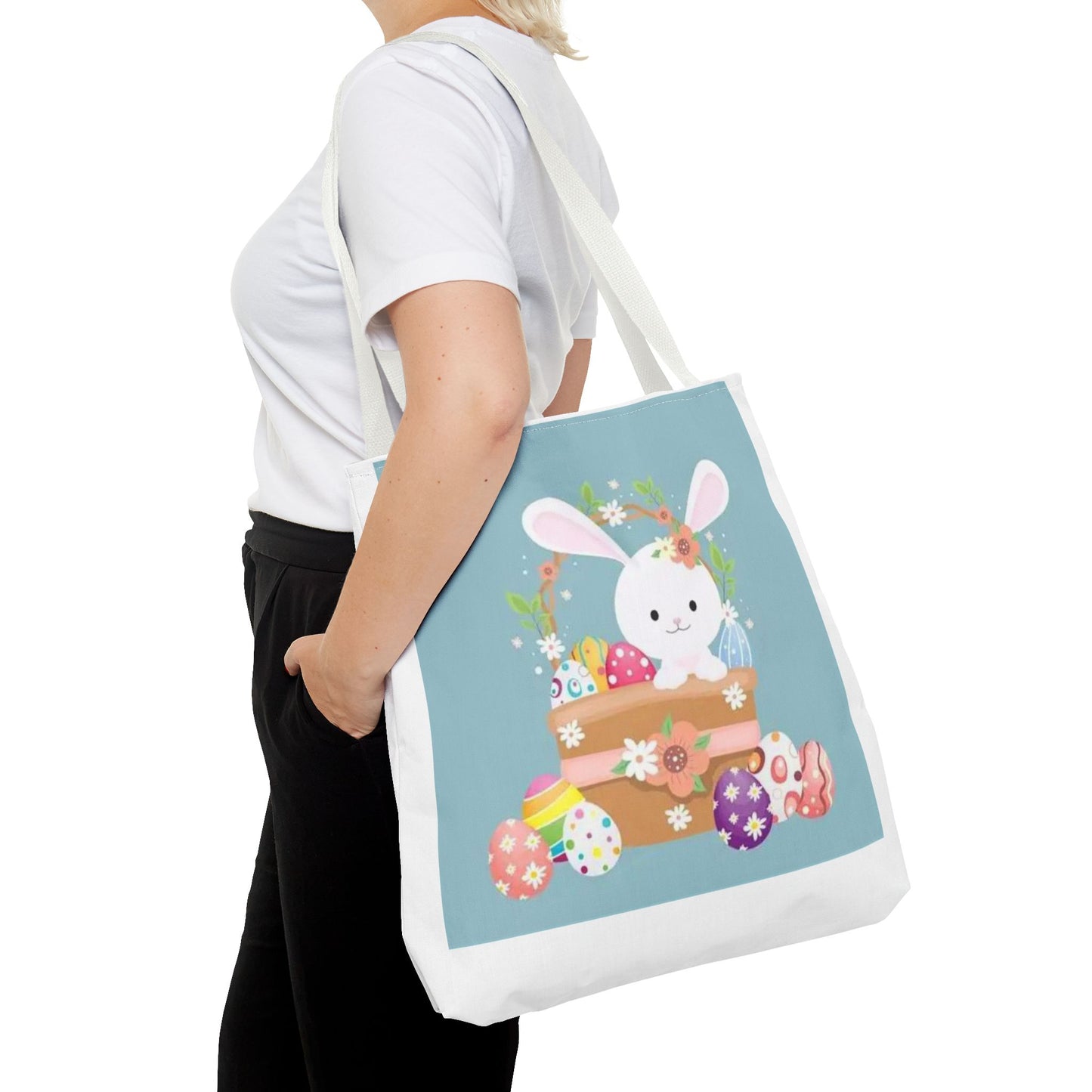 Easter Bunny Tote Bag — Cute Floral Bunny with Painted Eggs All-Over Print