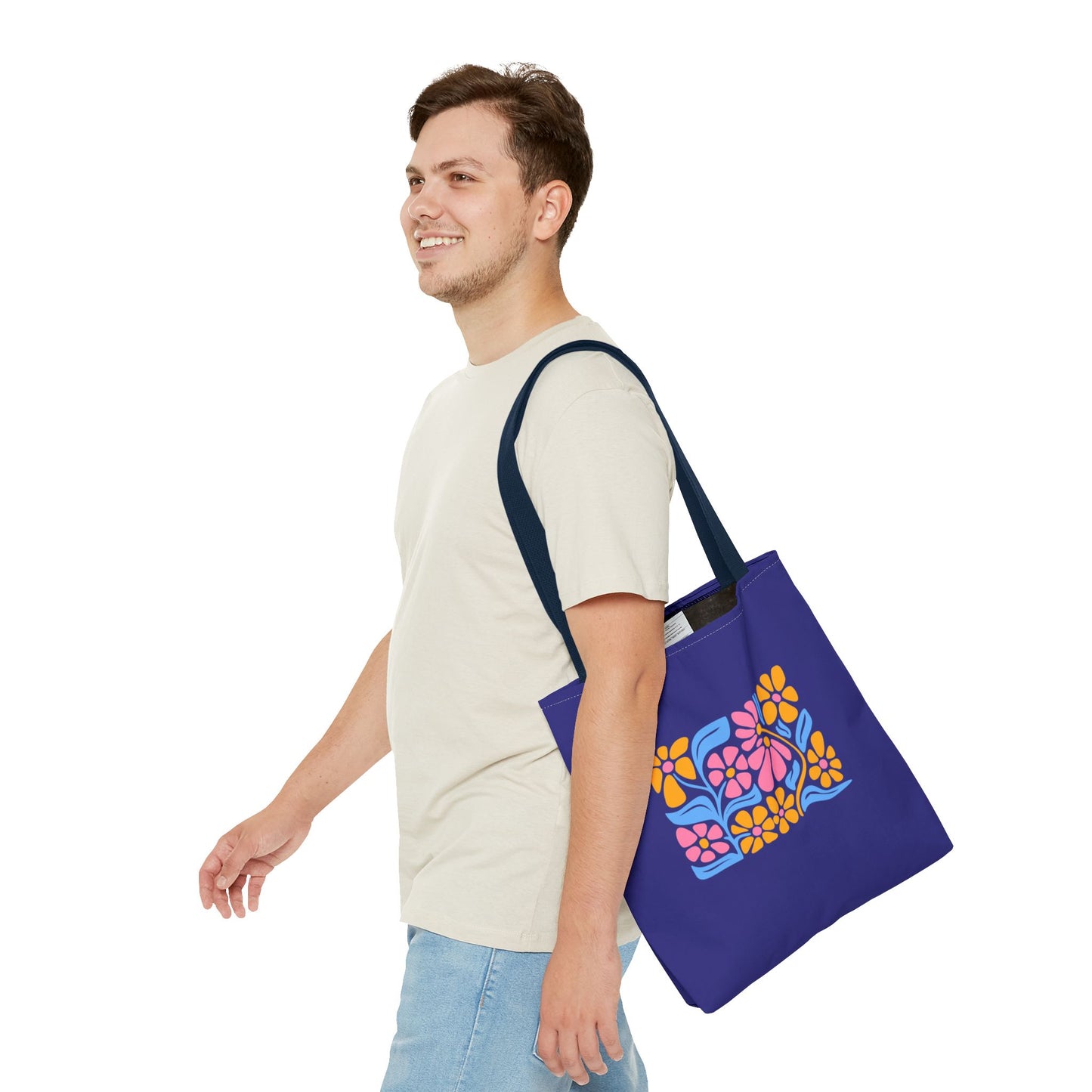 Floral Pop Tote Bag — Bright Retro Flower Pattern on Purple