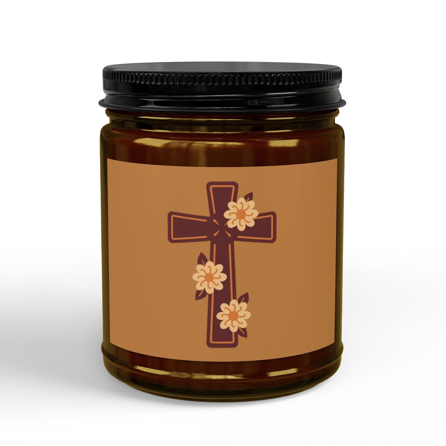 Floral Cross Scented Soy Candle — 4oz & 9oz Amber Jar with Black Lid