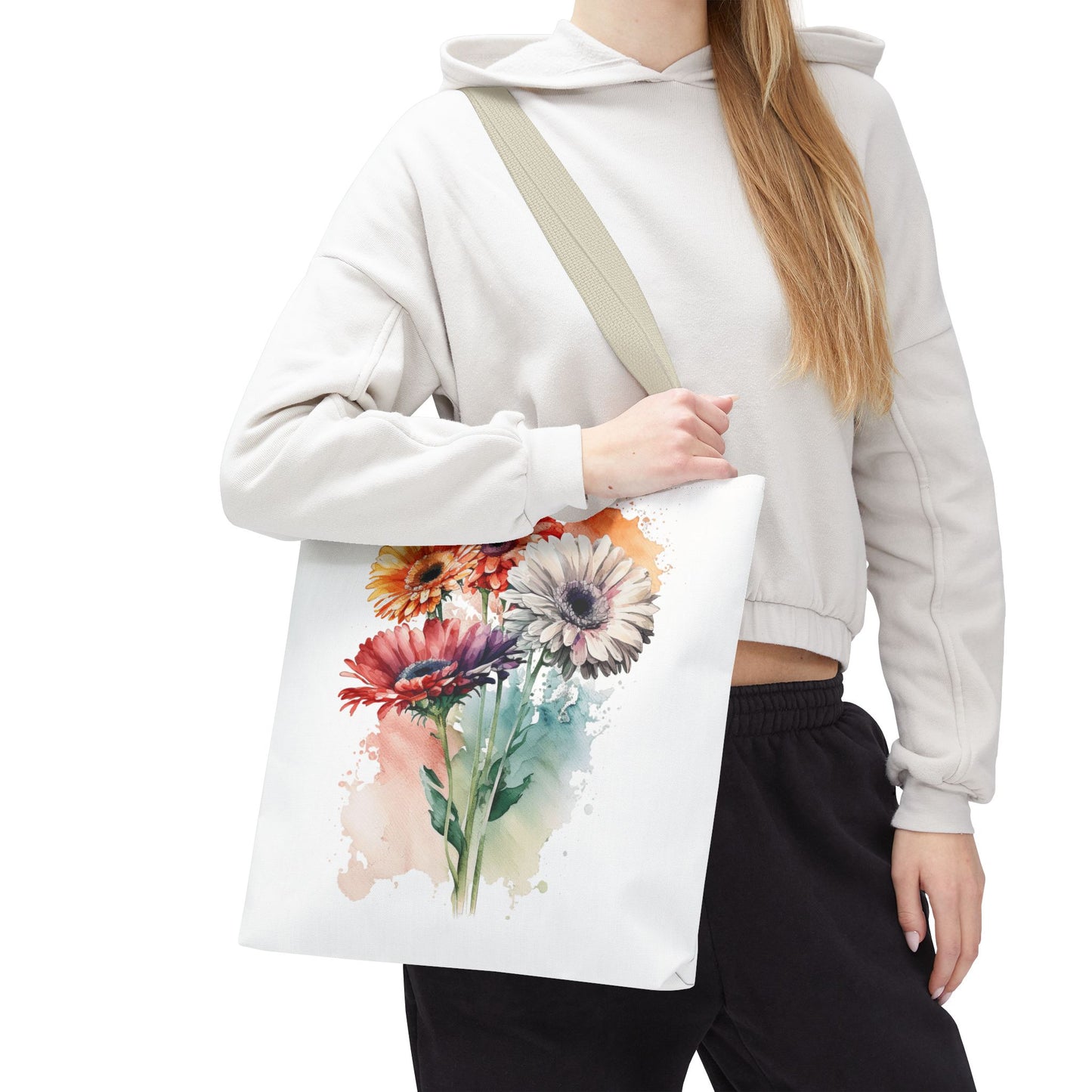 Floral Watercolor Tote Bag — Colorful Gerbera Bouquet All-Over Print