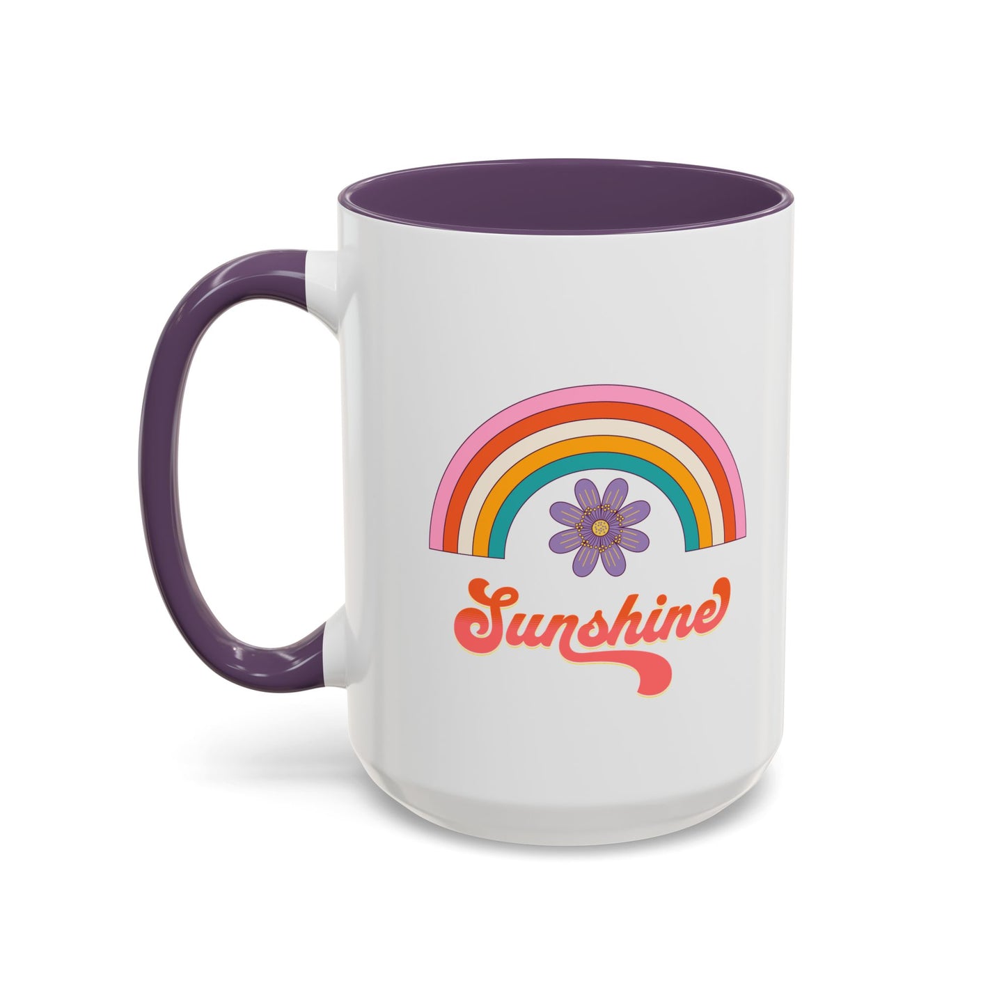 Sunshine Rainbow Accent Coffee Mug — Retro Flower 70s Vibe