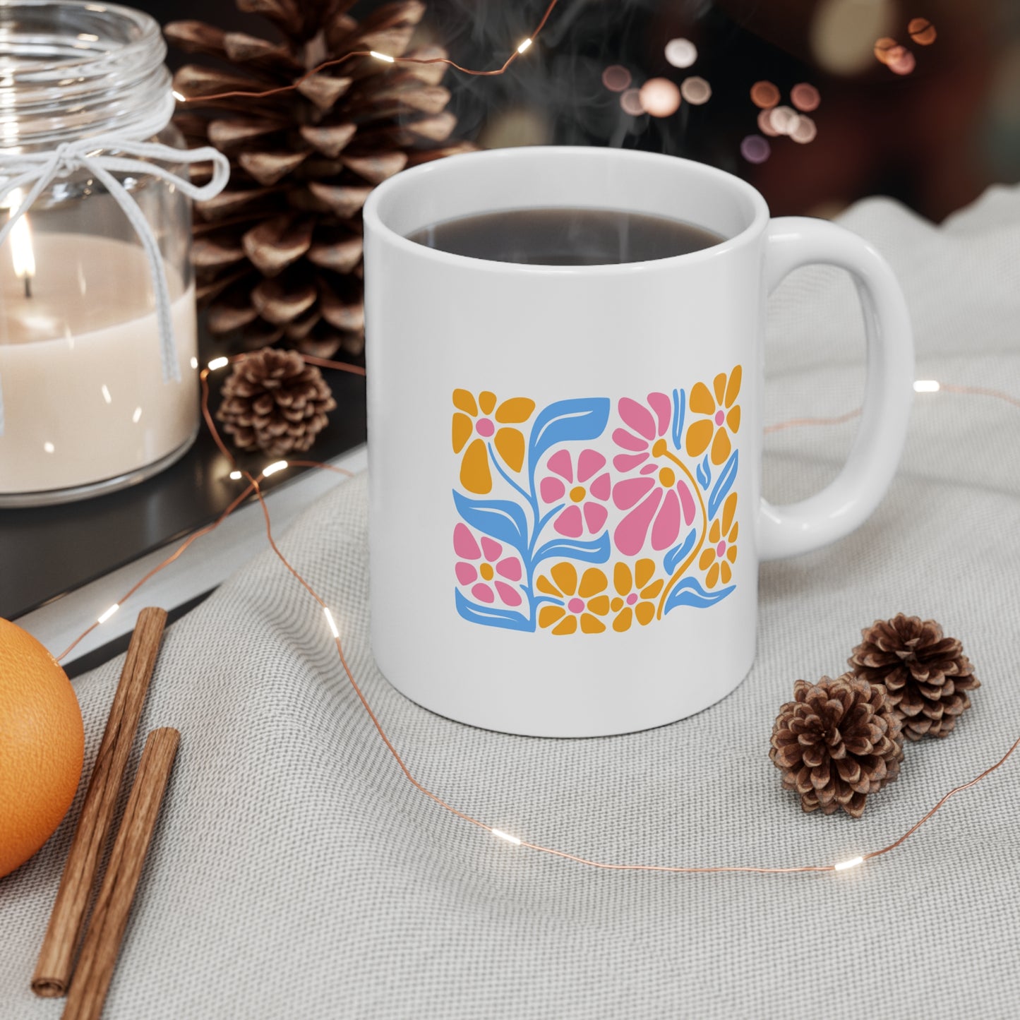 Floral Folk Art Mug — Colorful Retro Flower Coffee Cup (11 oz)