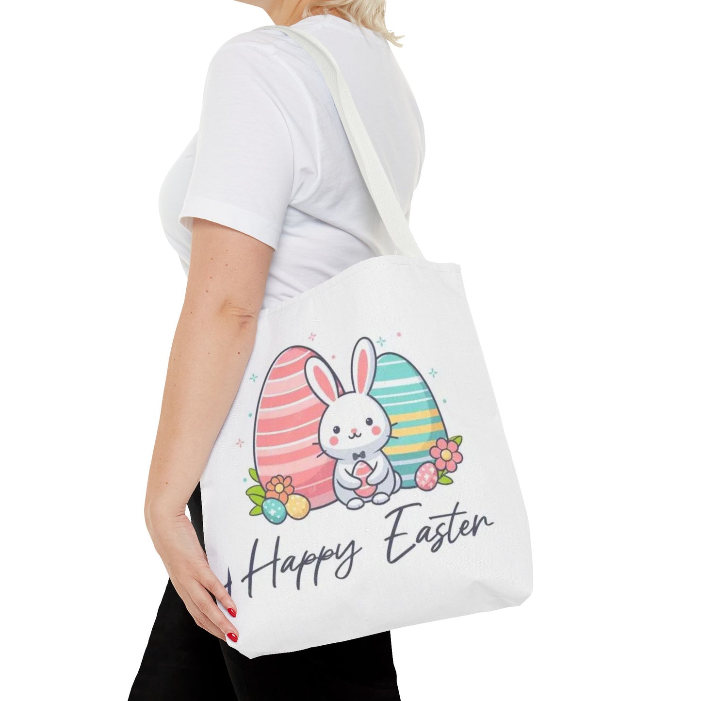 Easter Bunny Tote Bag — Cute "Happy Easter" Bunny with Colorful Eggs