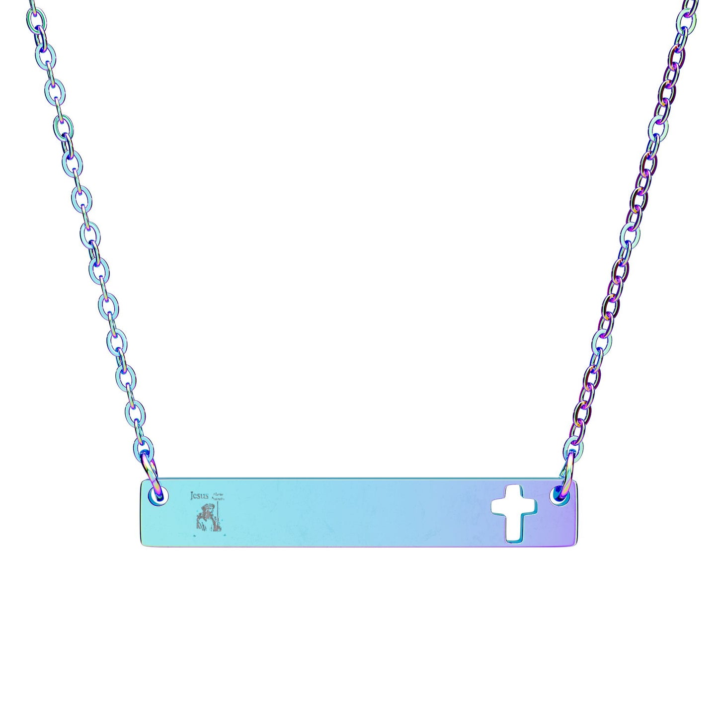 Cutout Cross Bar Necklace — Engraved Cutout Cross Pendant