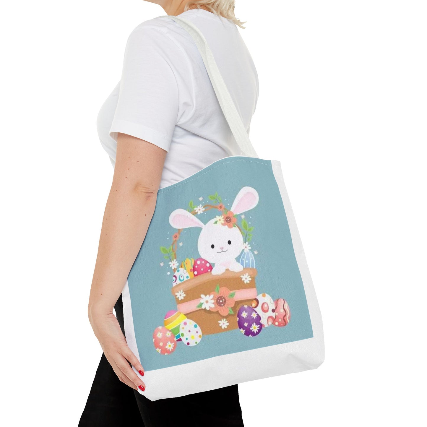 Easter Bunny Tote Bag — Cute Floral Bunny with Painted Eggs All-Over Print