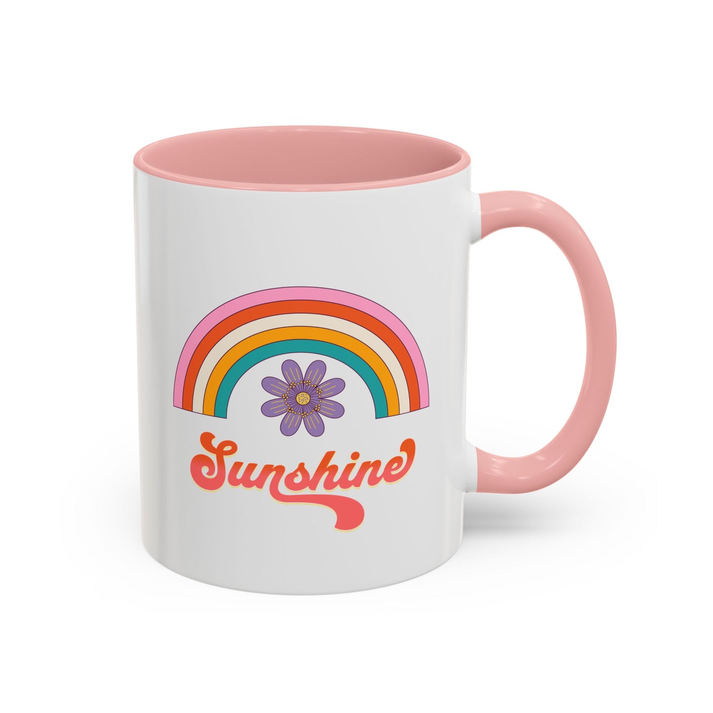 Sunshine Rainbow Accent Coffee Mug — Retro Flower 70s Vibe