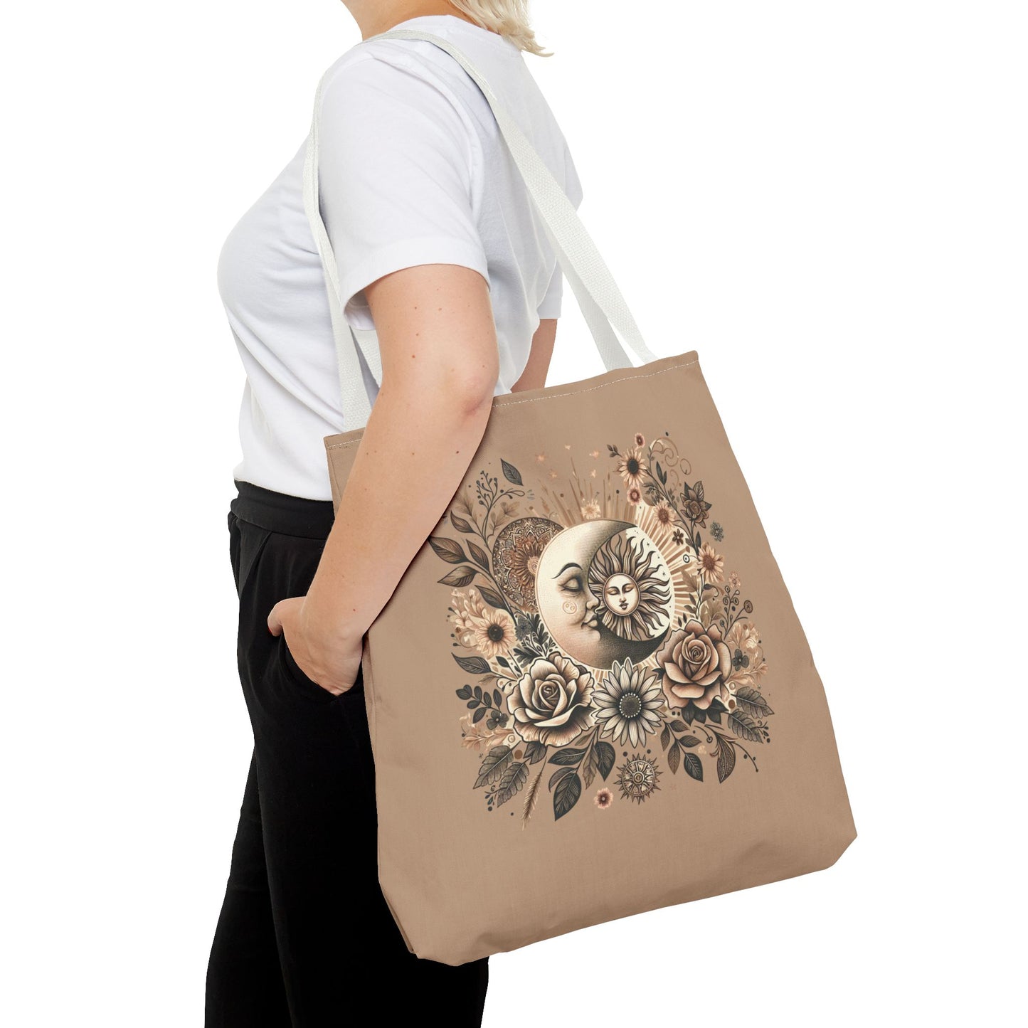 Celestial Sun & Moon Floral Tote Bag — Boho Vintage Astrology Beach Bag