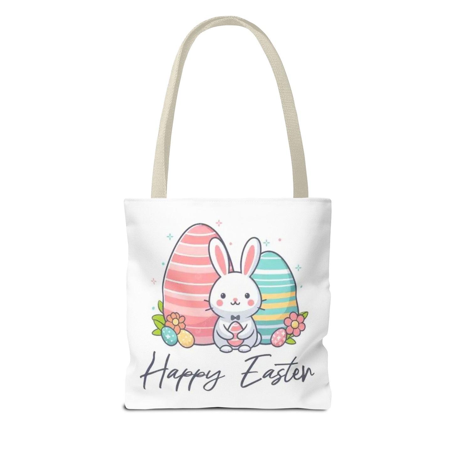 Easter Bunny Tote Bag — Cute "Happy Easter" Bunny with Colorful Eggs