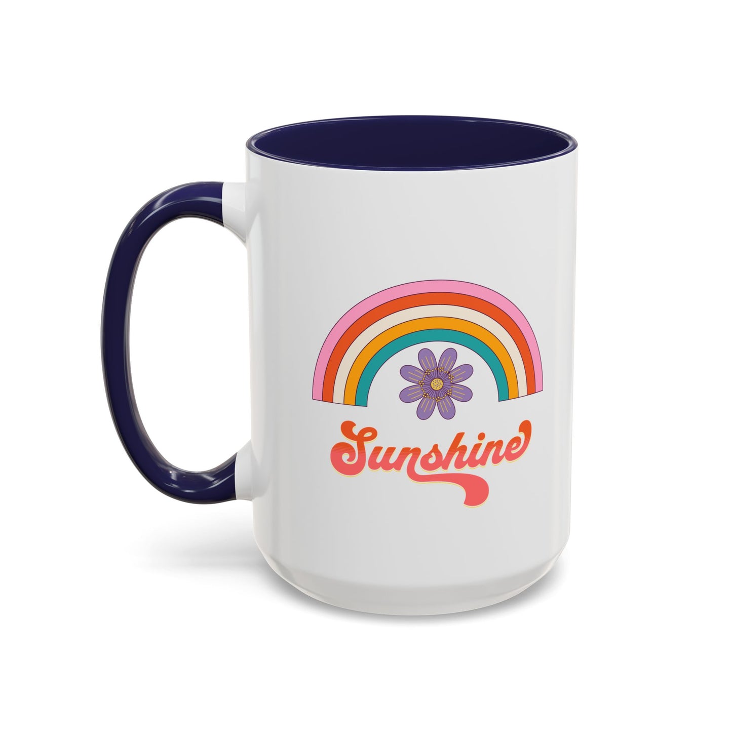 Sunshine Rainbow Accent Coffee Mug — Retro Flower 70s Vibe