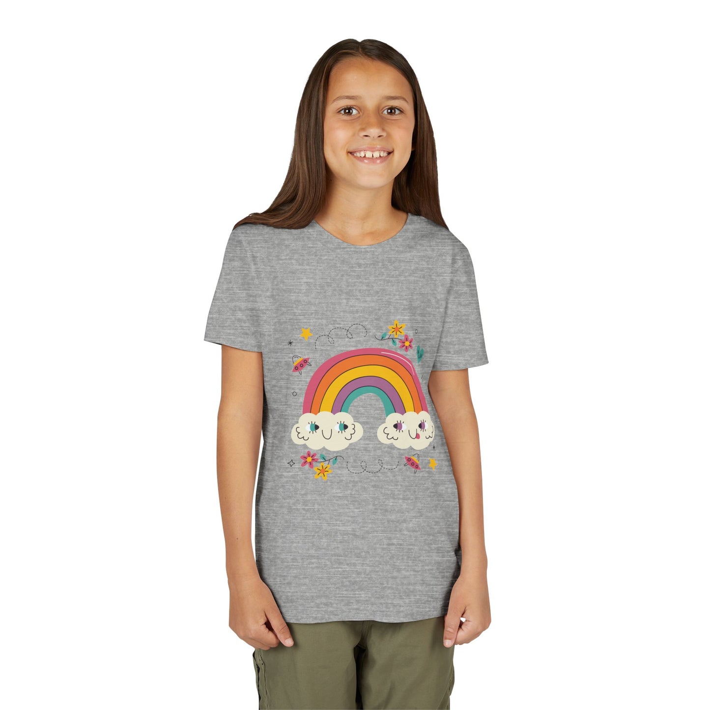 Youth Rainbow Tee — Cute Smiling Clouds & Rainbow Kids Shirt