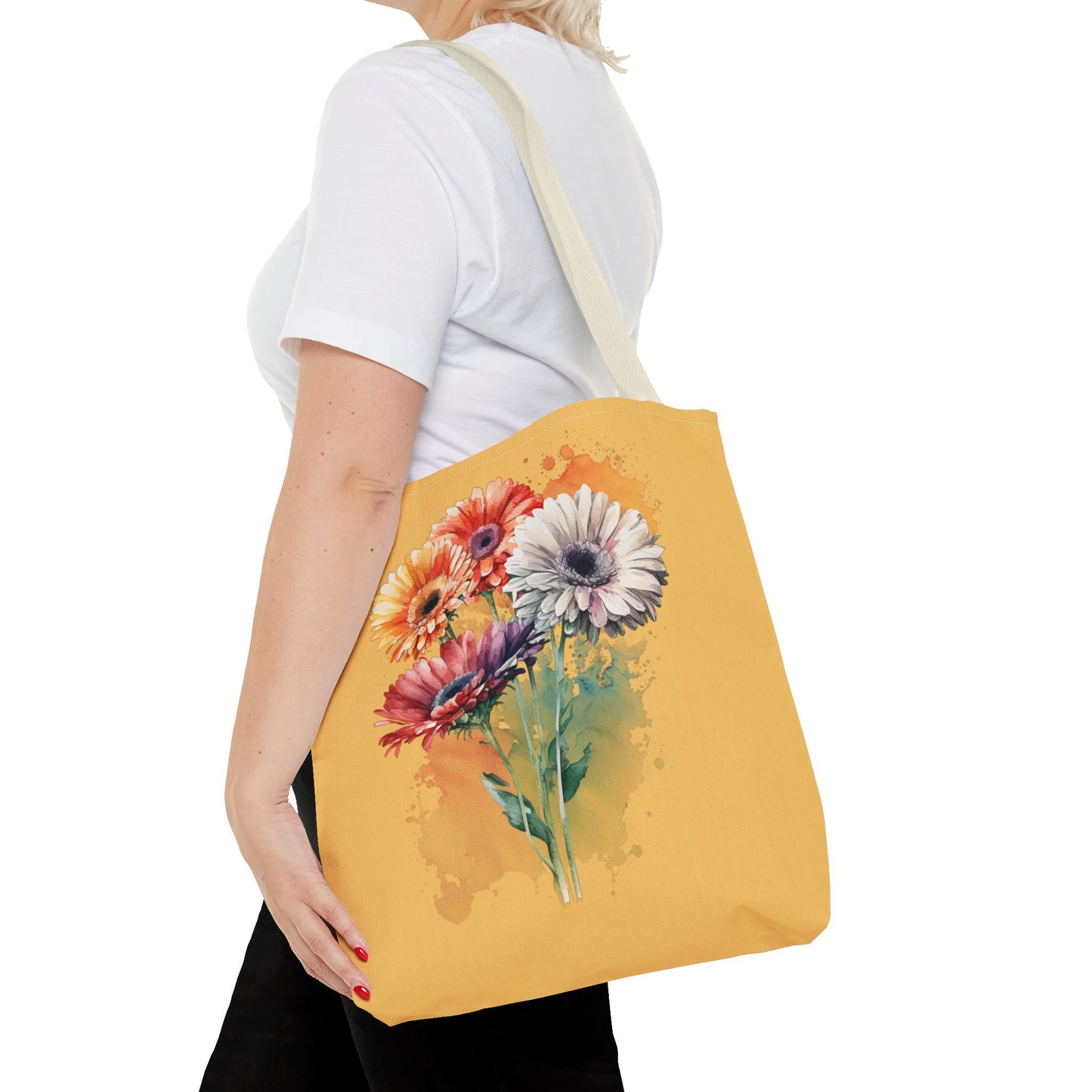 Floral Watercolor Tote Bag — Colorful Gerbera Bouquet on Mustard Background