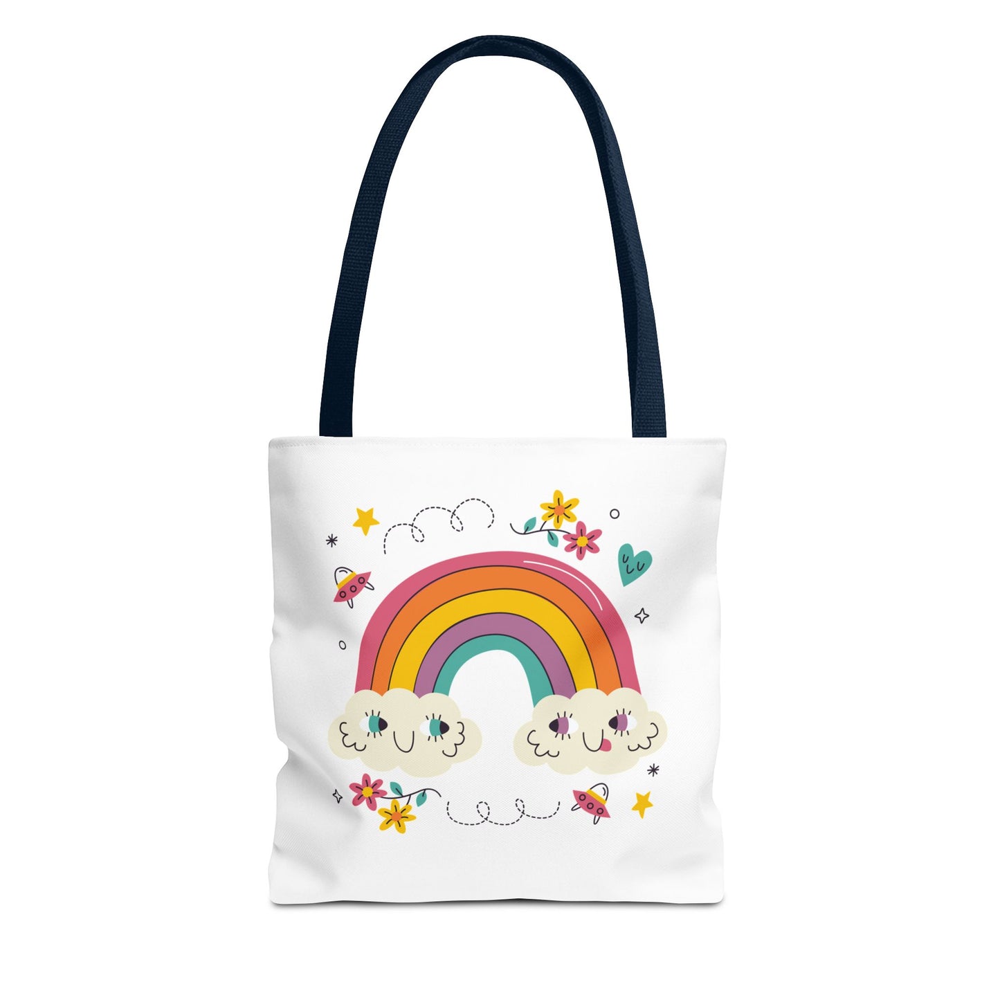 Cute Rainbow Tote Bag — Kawaii Smiling Clouds, Floral & Heart Print