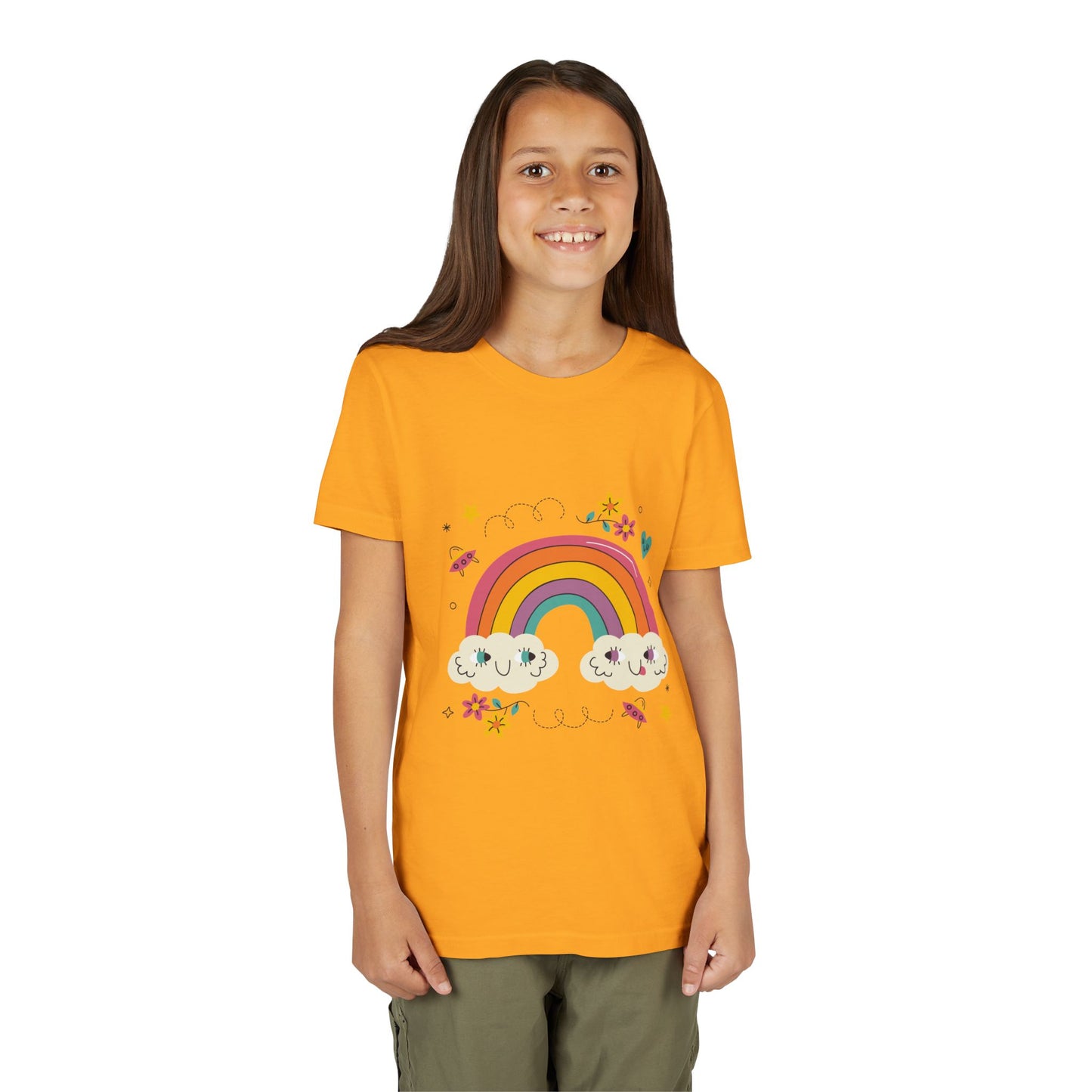 Youth Rainbow Tee — Cute Smiling Clouds & Rainbow Kids Shirt
