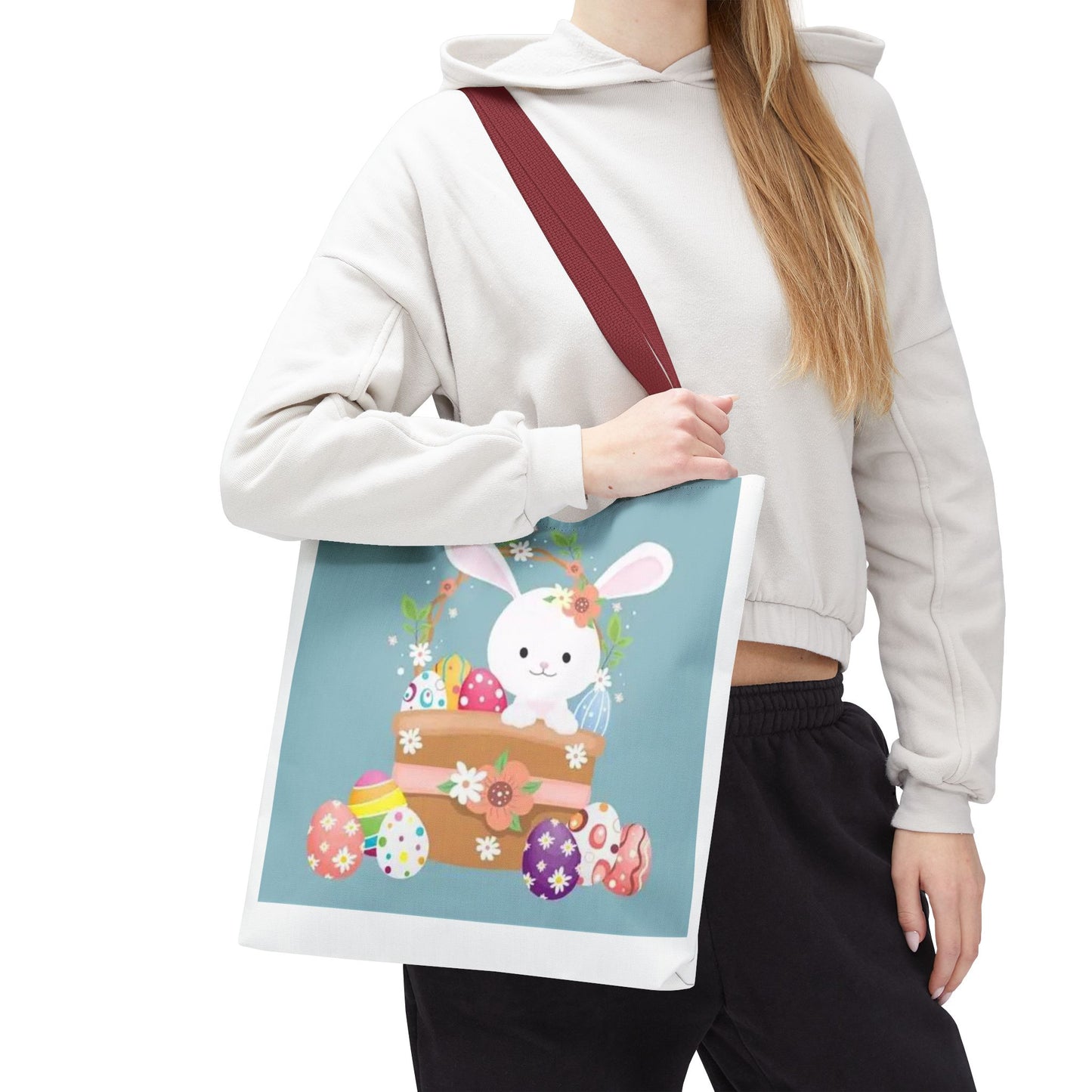 Easter Bunny Tote Bag — Cute Floral Bunny with Painted Eggs All-Over Print