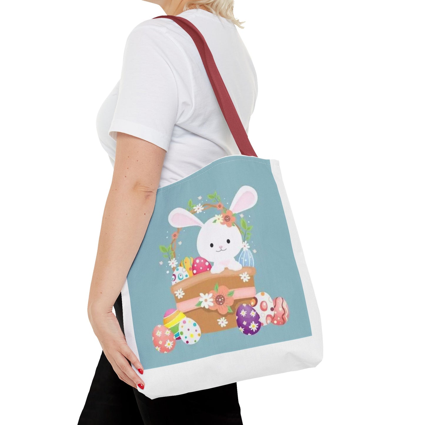 Easter Bunny Tote Bag — Cute Floral Bunny with Painted Eggs All-Over Print