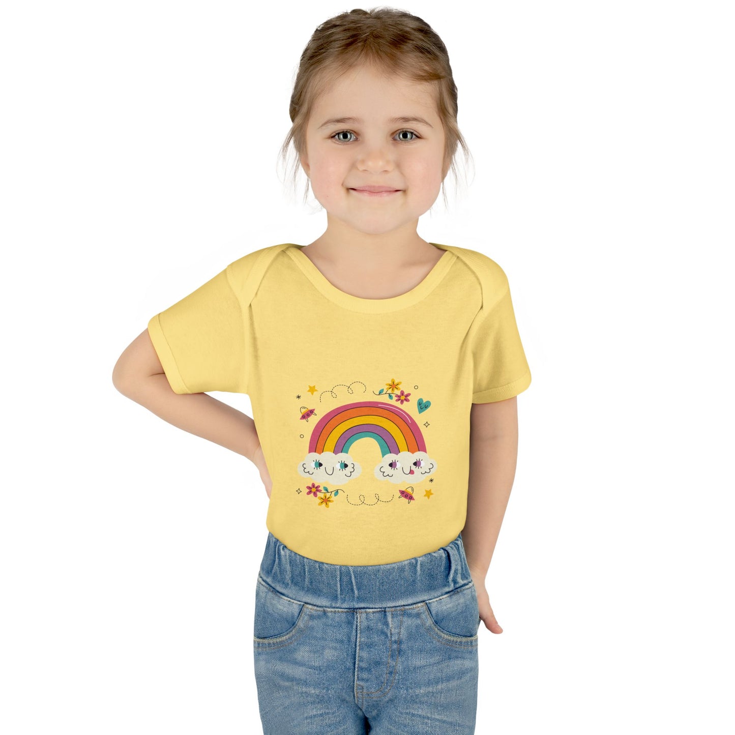 Baby Bodysuit — Cute Rainbow with Smiling Clouds Infant Onesie