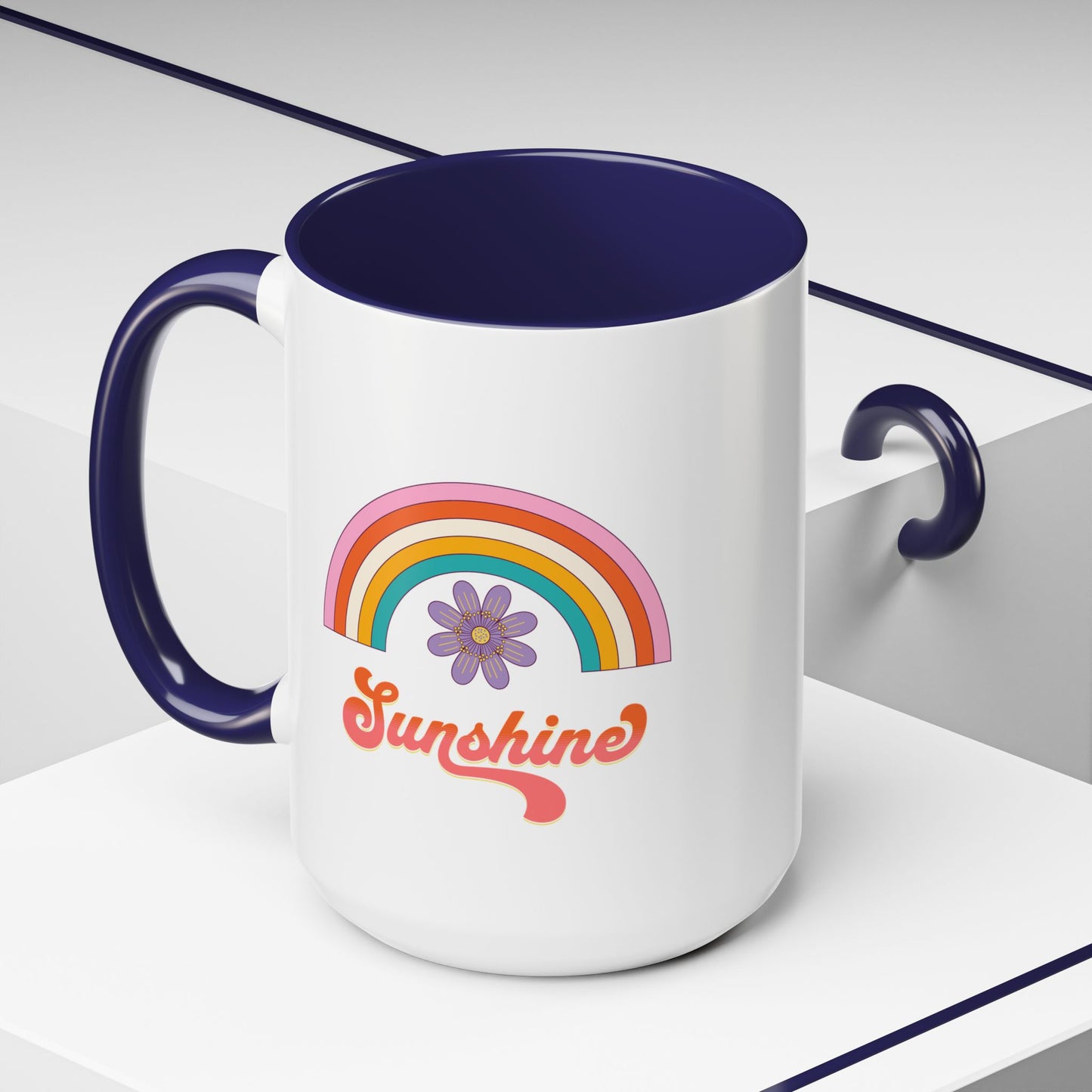 Sunshine Rainbow Accent Coffee Mug — Retro Flower 70s Vibe