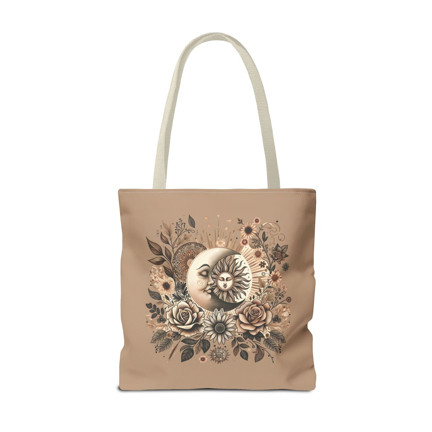 Celestial Sun & Moon Floral Tote Bag — Boho Vintage Astrology Beach Bag