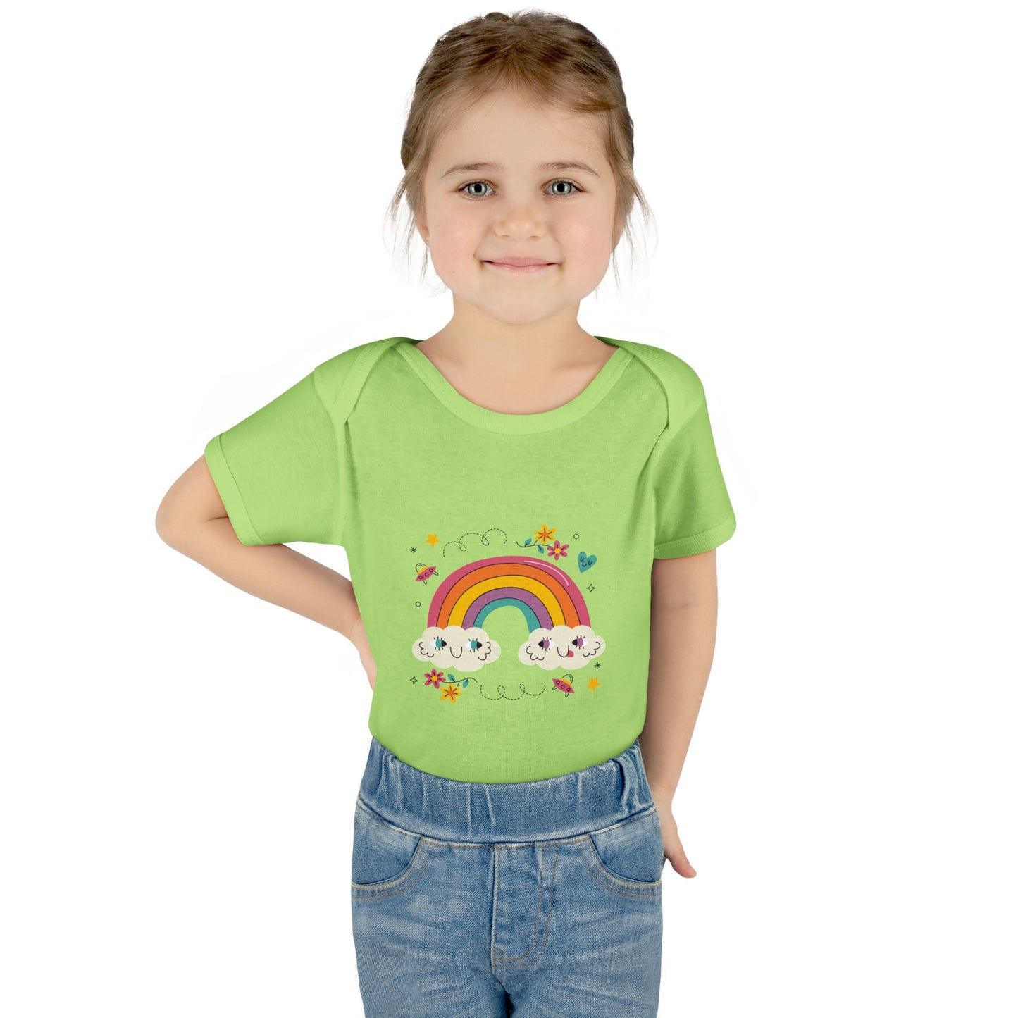 Baby Bodysuit — Cute Rainbow with Smiling Clouds Infant Onesie