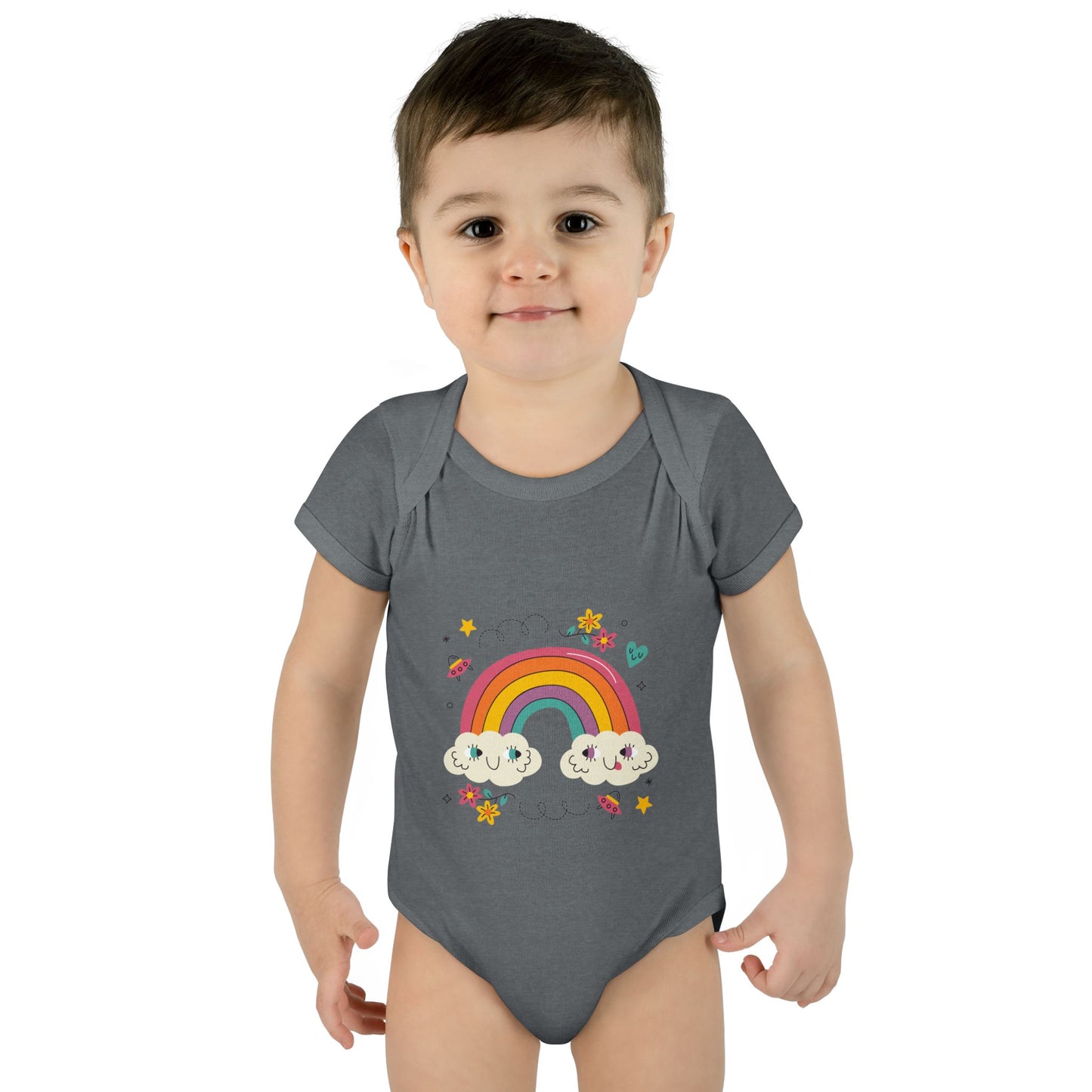Baby Bodysuit — Cute Rainbow with Smiling Clouds Infant Onesie